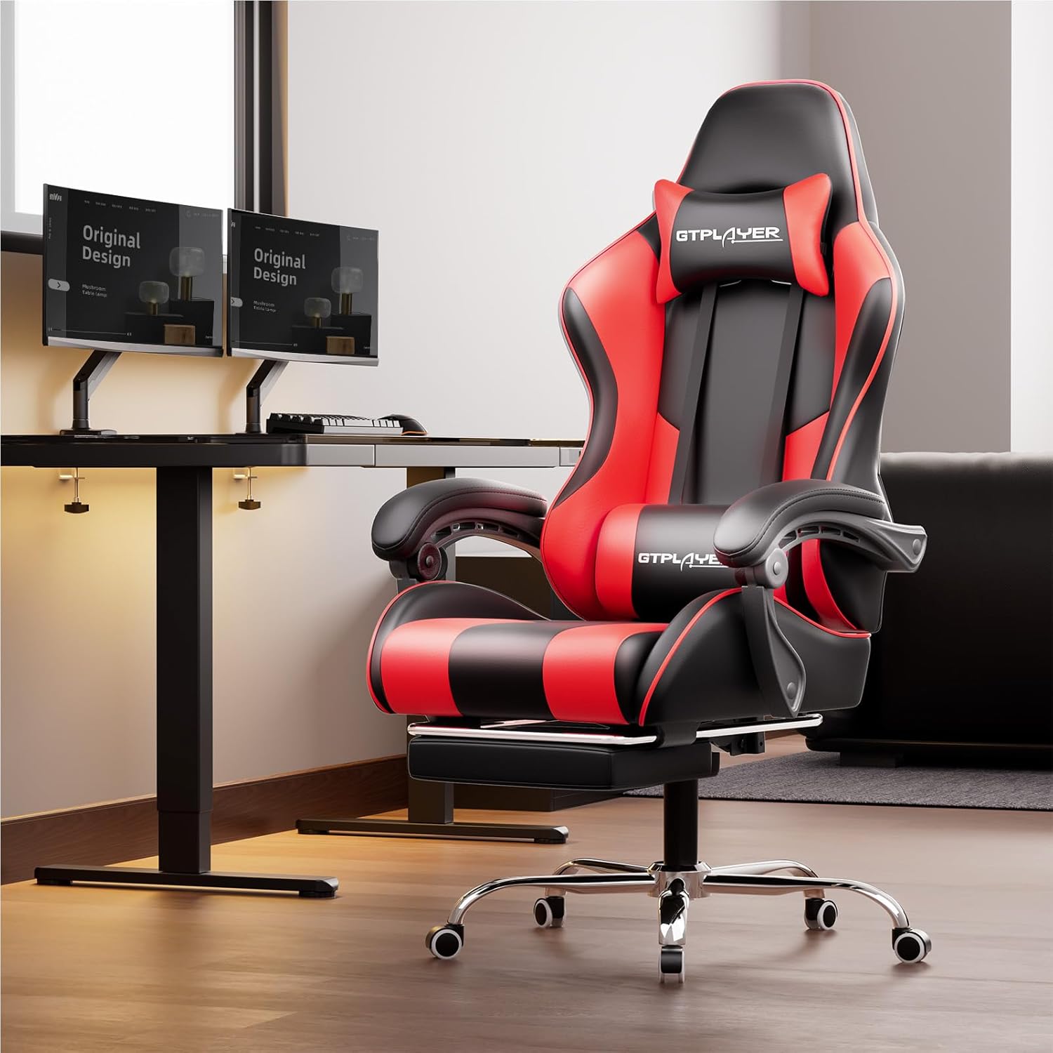 🌟【Buy 1 Get 1 Free】GTPLAYER Gaming Chair, Computer Chair with Footrest and Lumbar Support, Height Adjustable Game Chair with 360°-Swivel Seat and Headrest and for Office or Gaming