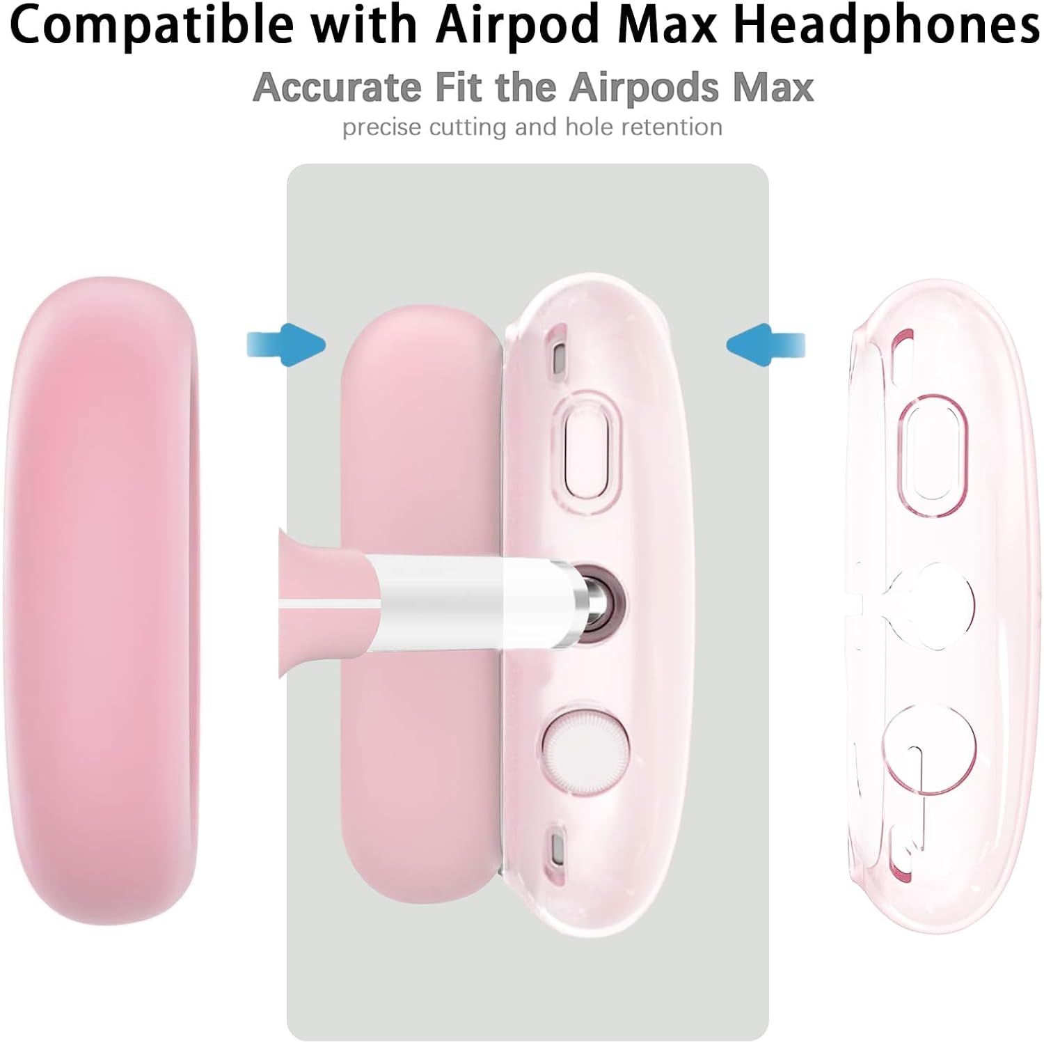 3 in 1 Silicone Case Cover Compatible with Apple Airpods Max Headphones, Clear Soft TPU Ear Cups Cover/Silicone Ear Pad Case Cover/Headband Cover Compatible with Apple Airpods Max (Clear Pink)