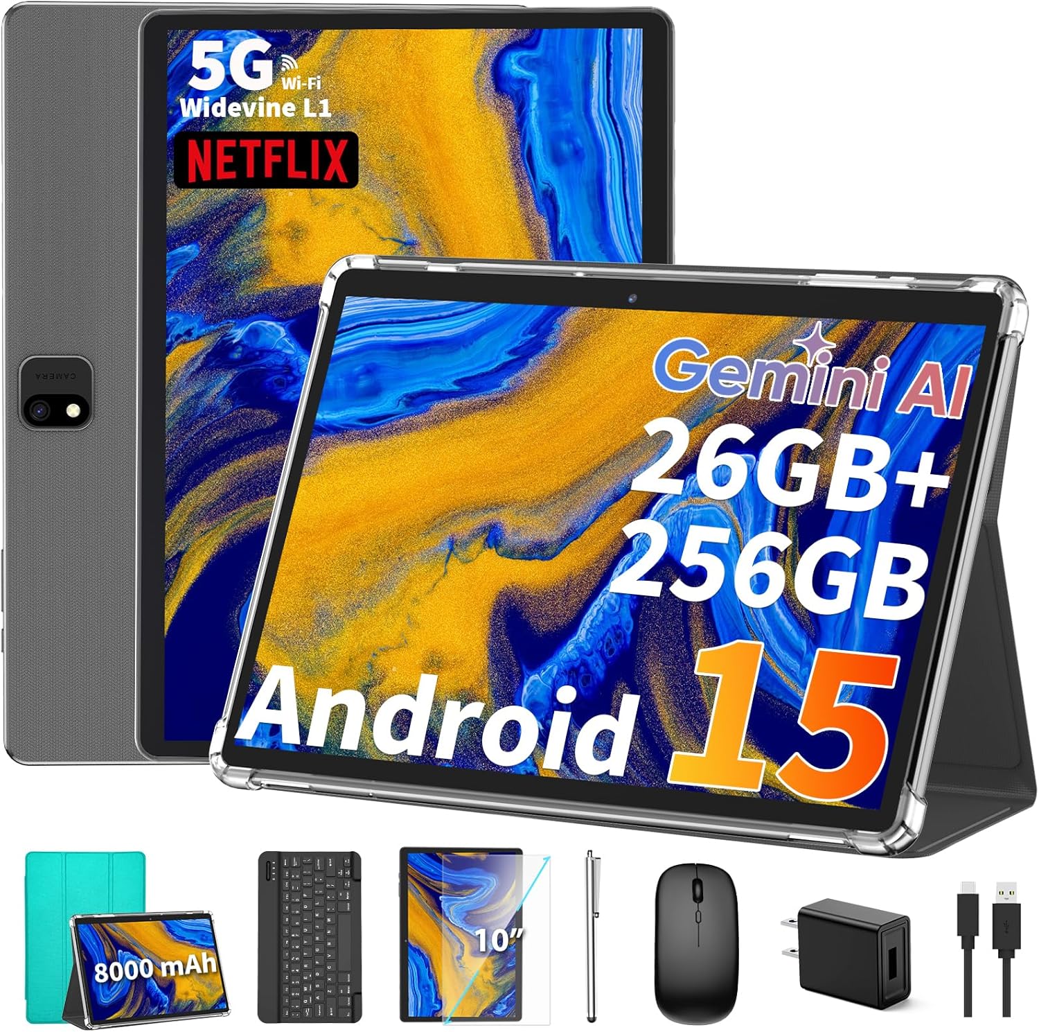 😍【The last chance in 2025】 2025 Android 15 tablet with keyboard, 26GB+256GB+2TB Expand, 10 inch 2-in-1 Tablets with 8-Core, 5G WiFi, 8000mAh, BT5.0, 5MP+13MP, GMS, GPS, Widevine L1, Tablet PC with Mouse, Case, Stylus (Silver)