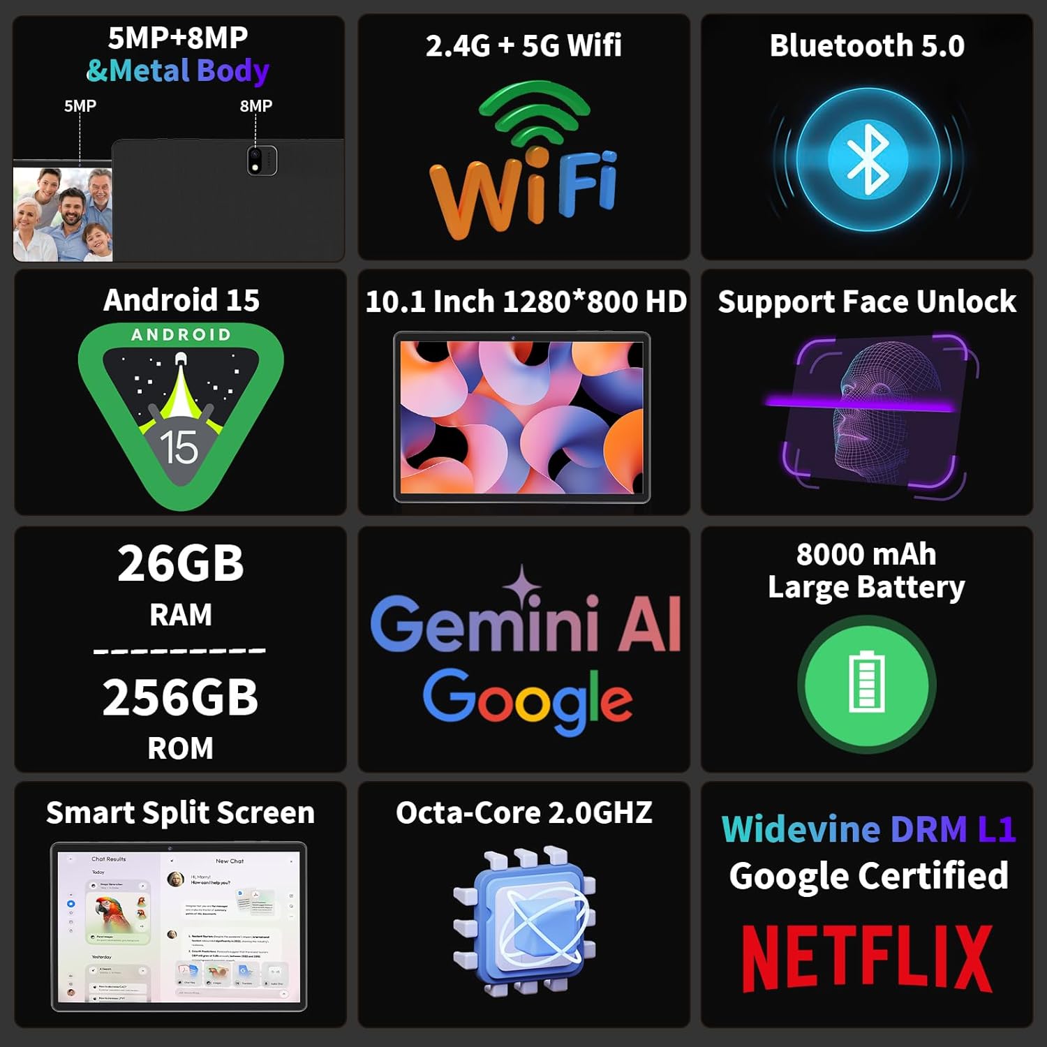 😍【The last chance in 2025】 2025 Android 15 tablet with keyboard, 26GB+256GB+2TB Expand, 10 inch 2-in-1 Tablets with 8-Core, 5G WiFi, 8000mAh, BT5.0, 5MP+13MP, GMS, GPS, Widevine L1, Tablet PC with Mouse, Case, Stylus (Silver)