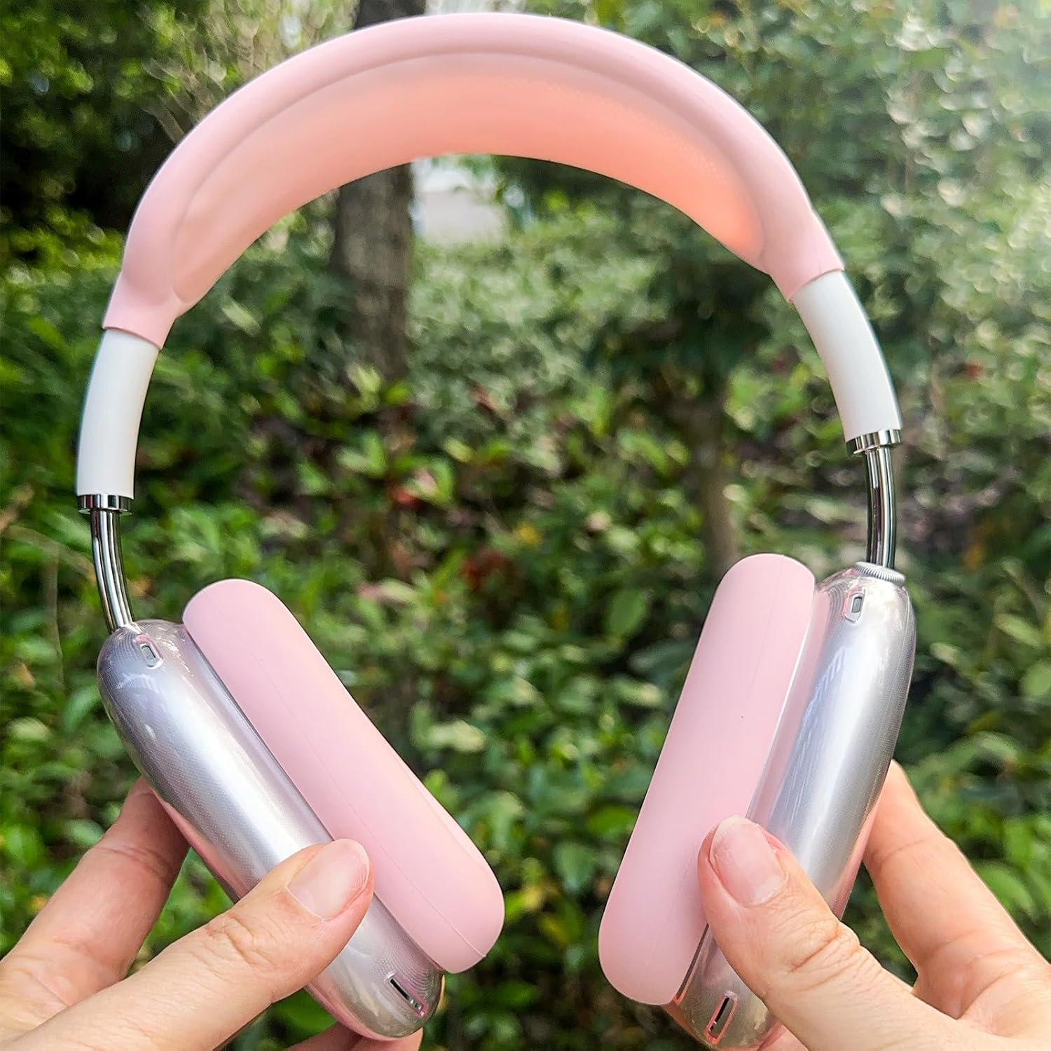 3 in 1 Silicone Case Cover Compatible with Apple Airpods Max Headphones, Clear Soft TPU Ear Cups Cover/Silicone Ear Pad Case Cover/Headband Cover Compatible with Apple Airpods Max (Clear Pink)