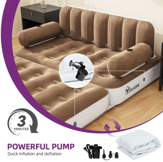 ❤️‍🔥[24-hour delivery+Last Day sale] 2-in-1 Inflatable Sofa Bed With Headboard And Pump Blow Up Couch Airbed Air Mattress For Home, Camping, And Guests Living Room, Queen Size