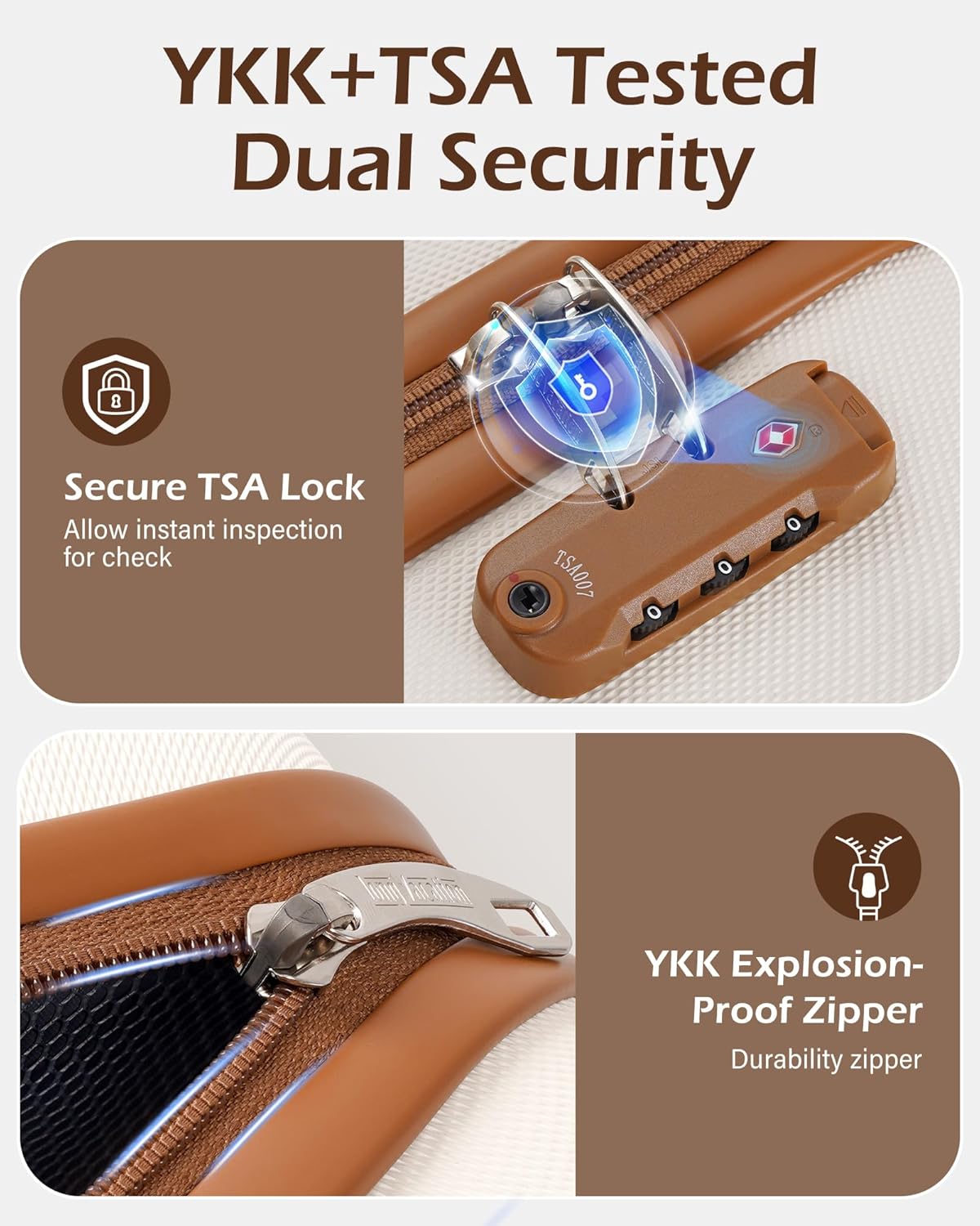 （Buy 1 Get 1 Free）LONG VACATION 6 Piece Luggage Set Carry on Suitcase with ABS+PC hardshell, Spinner Wheels & YKK Zipper TSA Lock (WHITE-BROWN, 6 piece set)