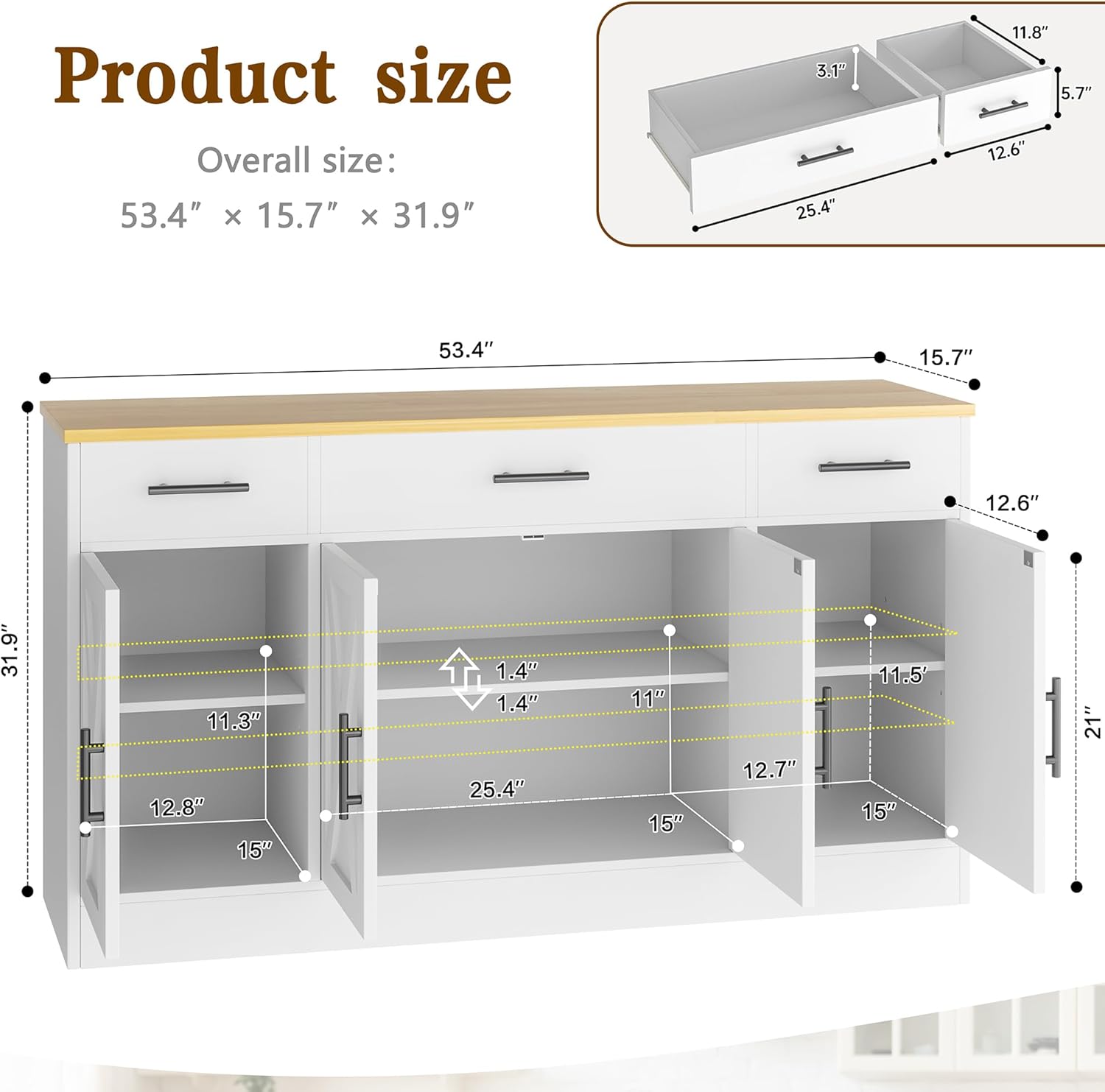 Vongrasig Armario grande de 53 pies con 4 puertas y 3 cajones, mesa de buffet de granja, gabinete de almacenamiento de cocina, mesa de buffet de madera para cocina, comedor