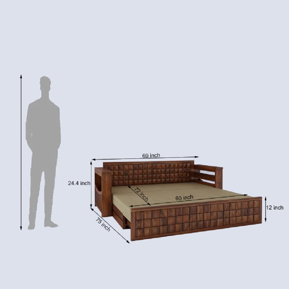 Ganpati Arts Sheesham Wood Diamond 3 Seater Sofa Cum Bed With Floral Fabric&Side Pocket For Bedroom Wooden Bedroom Furniture For Home Living Room(Natural Finish)1 Year Warranty,Brown