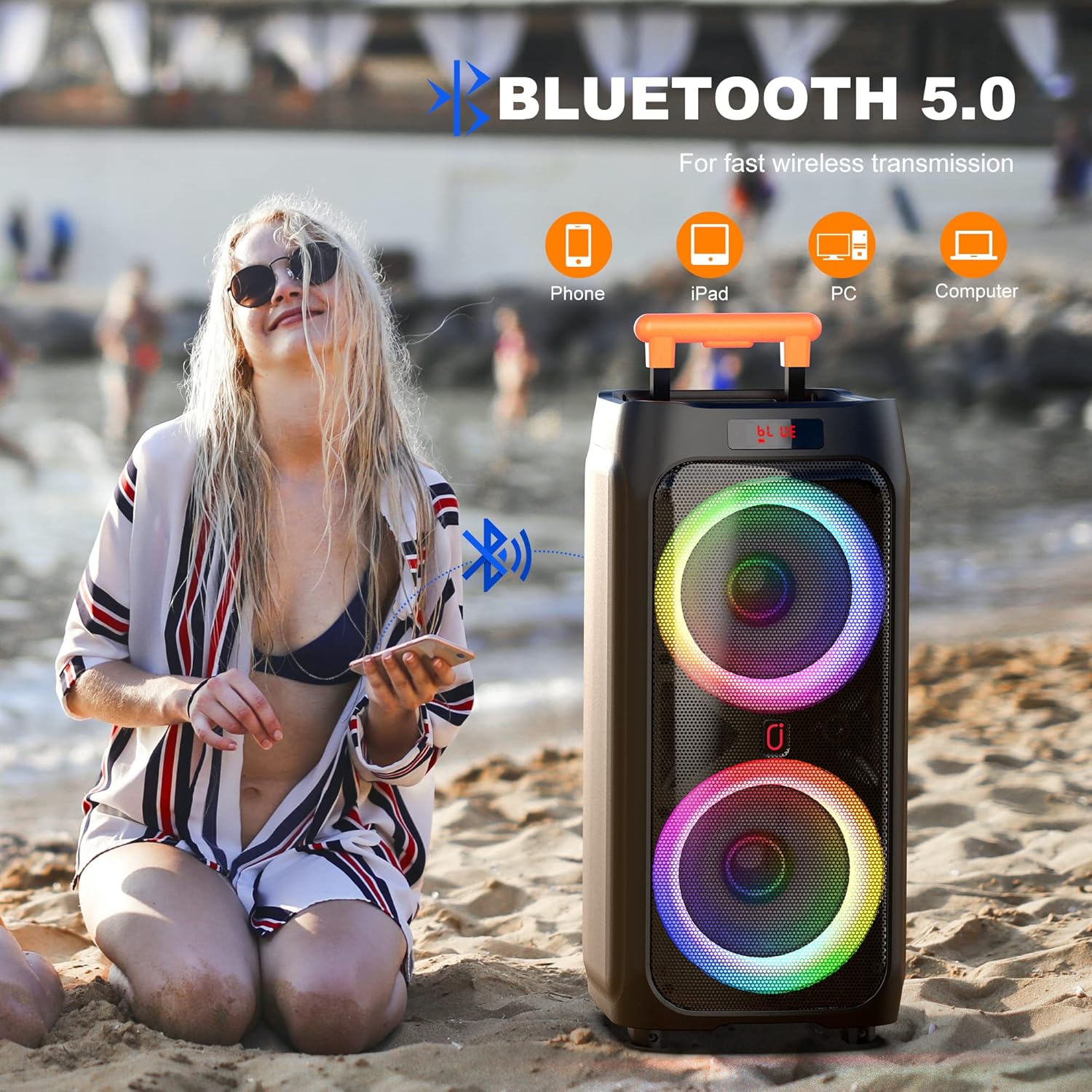 🔥JYX Karaoke Machine with 2 Wireless Microphones, 8 Big Portable Bluetooth Speaker for Adults with RGB Light PA System Treble & Bass, Support TWS/USB/AUX/TF Card/REC, for Home Party Outdoors