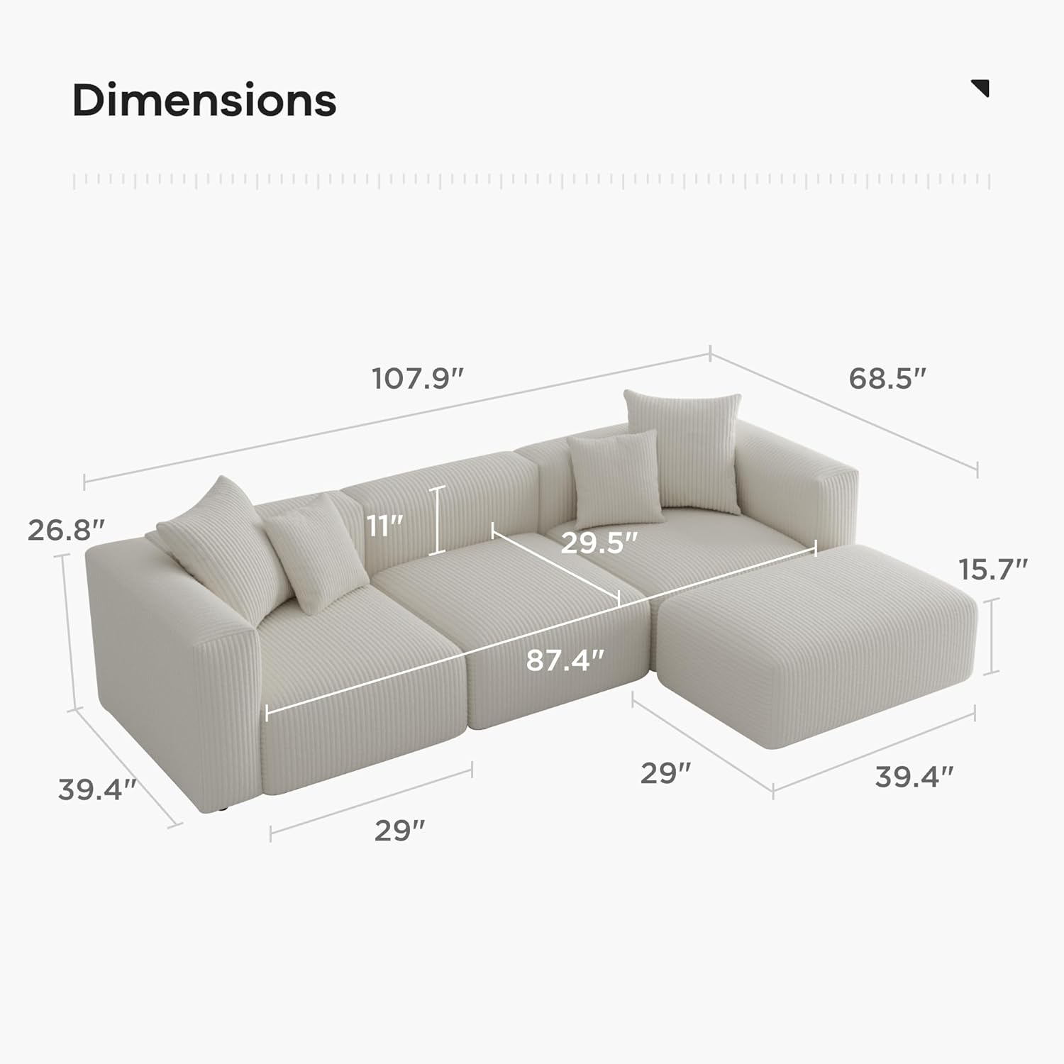 🔥 Acanva Convertible Modular Sectional Sofa with Movable Ottomans, Free Combination Corduroy Couch for Living Room Apartments, L-Shaped, White
