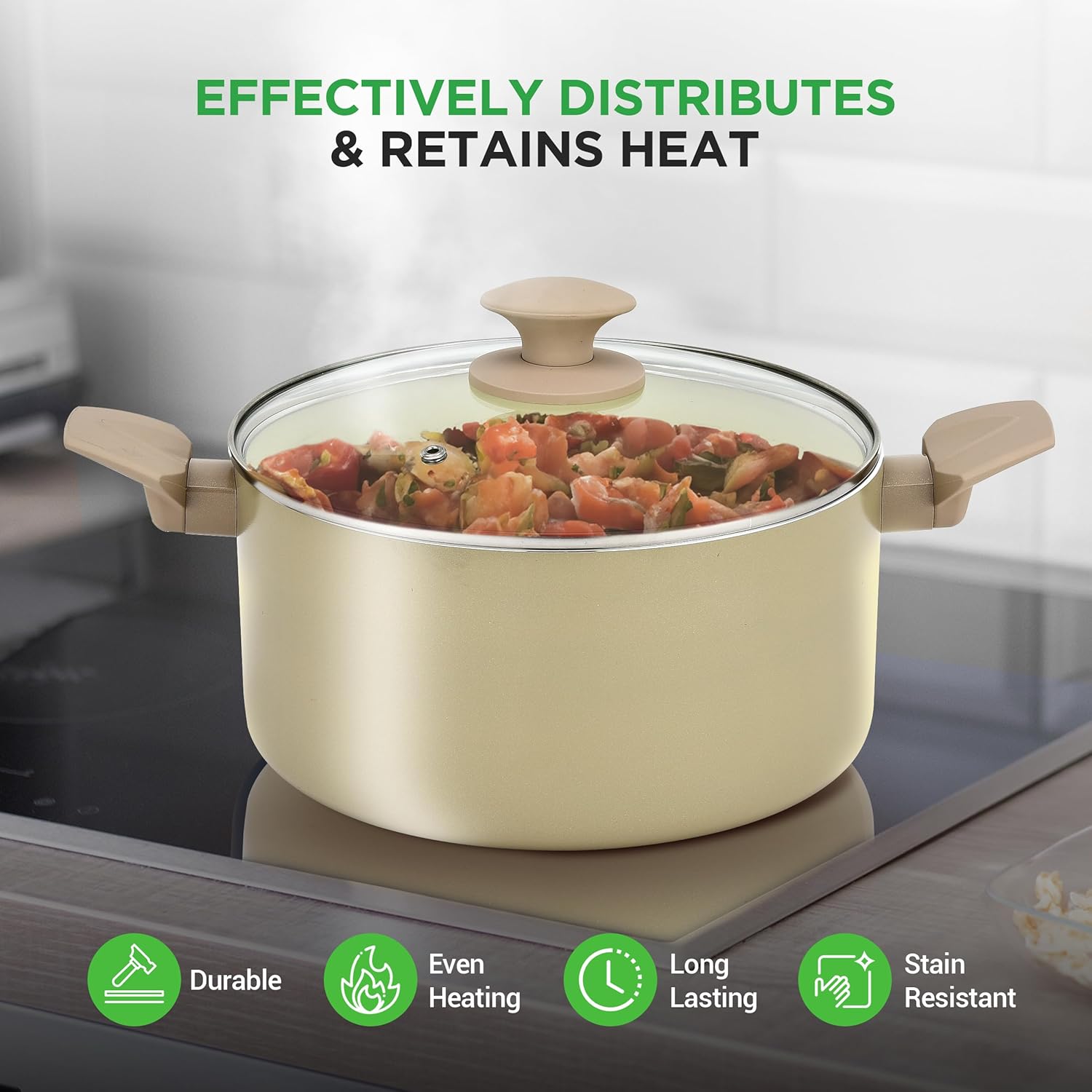 🔥🔥NutriChef 75-Piece Non-Stick Pots and Pans Set, Complete Ceramic Cookware Set with Bakeware, Utensils, Knife Set, & Accessories, Stain-Resistant, Food-Grade Safe, Cream/Brown