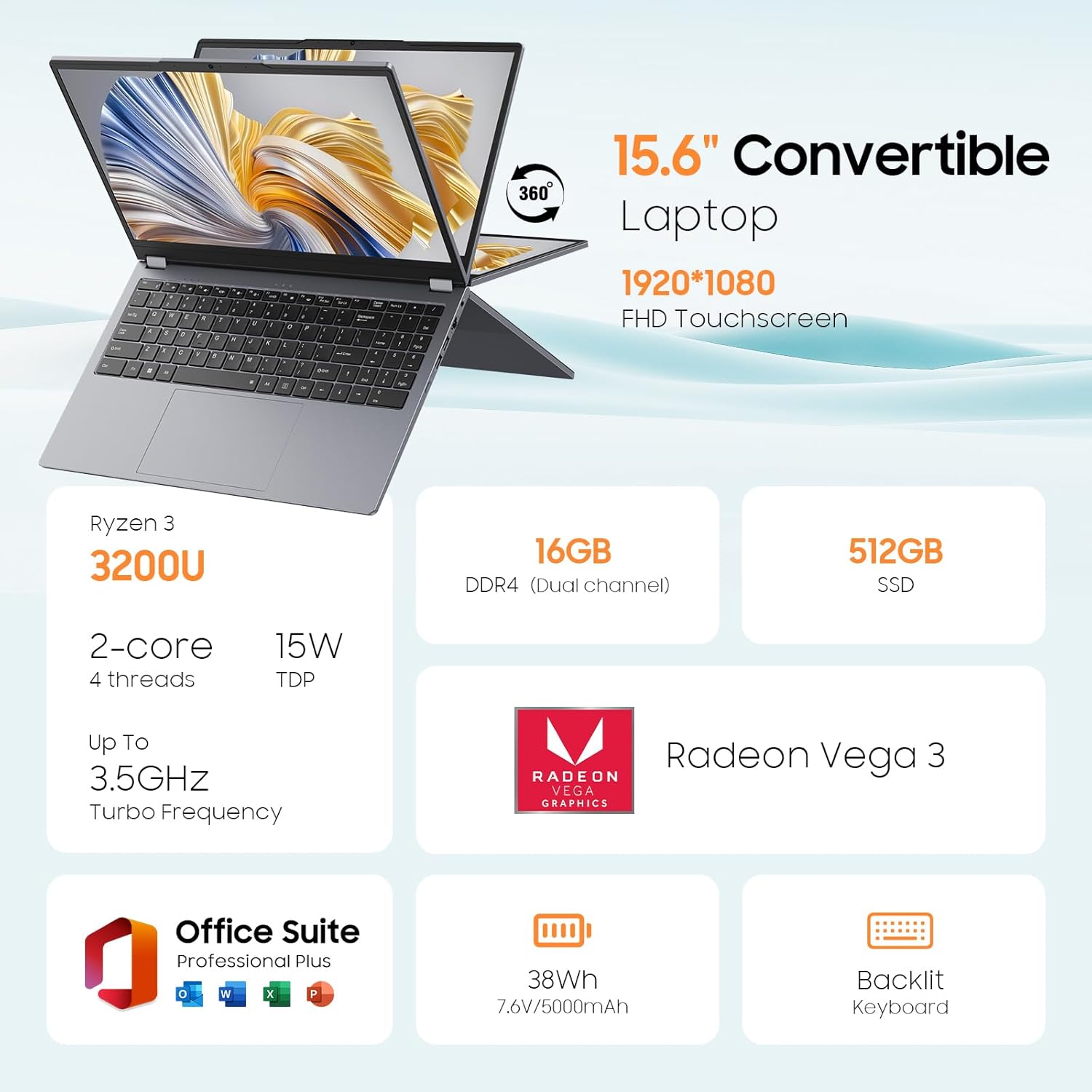 ⏰【Limited Edition】EYY 2 in 1 Laptop Computer, 15.6 16GB DDR4 512GB SSD Touchscreen Notebook, AMD Ryzen R3 3200U(Up to 3.5 GHz), Radeon Vega 3, 1920x1080 FHD Display, WiFi, BT5.1 RJ45, Blacklit Keyboard