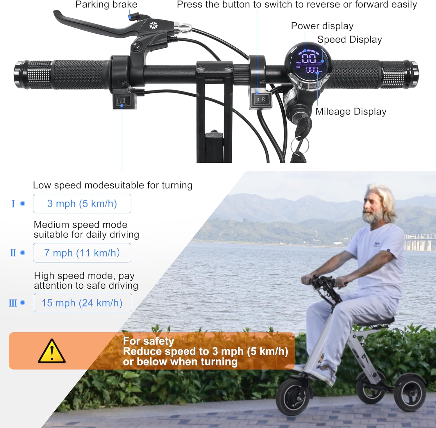 TopMate ES35 Powered Electric Scooter 3 Wheels Foldable Trike with Seat for Adults, Lightweight Electric Scooter with Removable 36V 7.8AH Battery, Reverse Function & Key Switch for Commute and Travel
