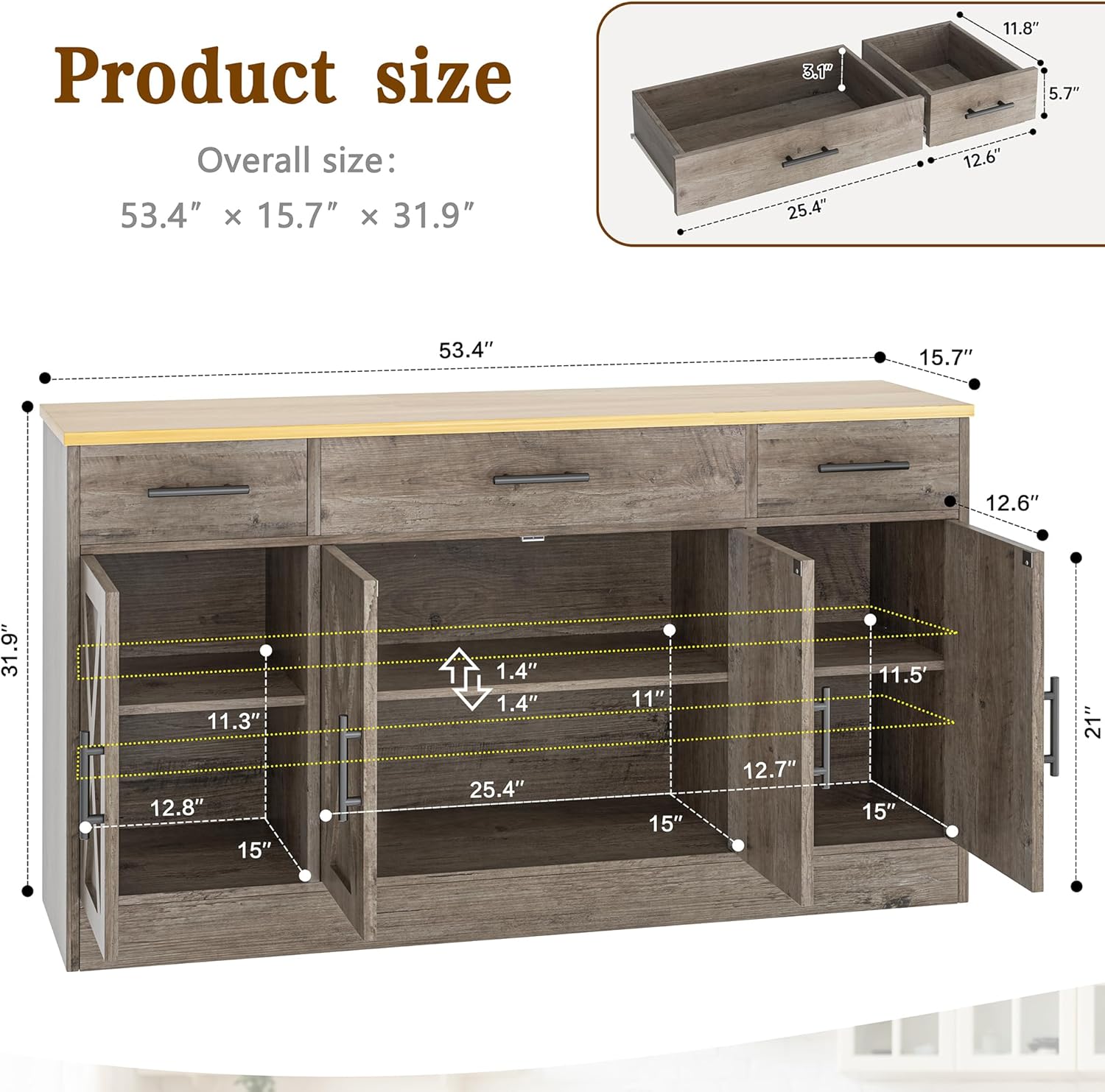 Vongrasig Armario grande de 53 pies con 4 puertas y 3 cajones, mesa de buffet de granja, gabinete de almacenamiento de cocina, mesa de buffet de madera para cocina, comedor