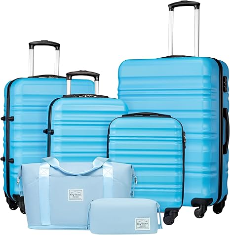 （Buy 1 Get 1 Free）LONG VACATION 6 Piece Luggage Set Carry on Suitcase with ABS+PC hardshell, Spinner Wheels & YKK Zipper TSA Lock (WHITE-BROWN, 6 piece set)