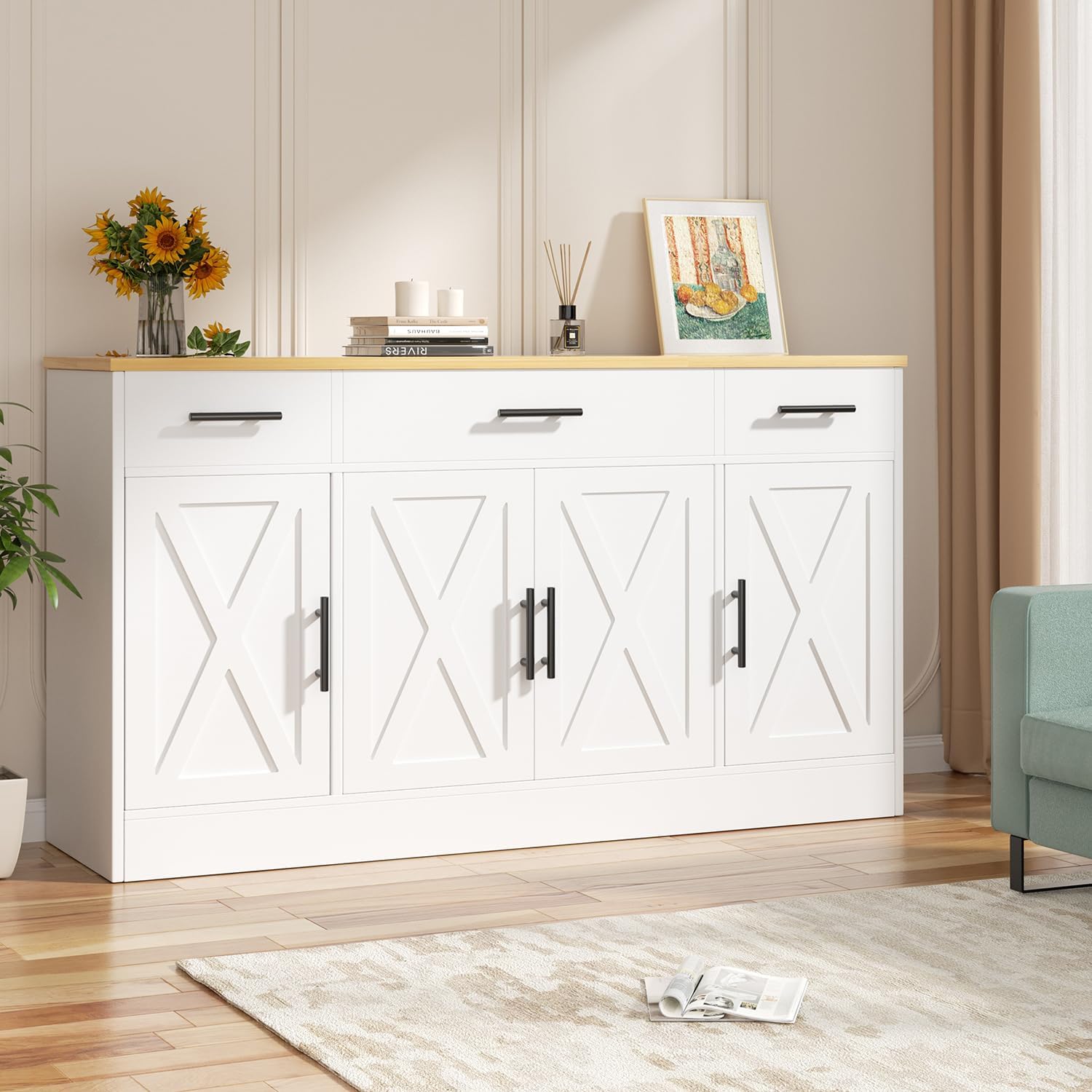 Vongrasig Armario grande de 53 pies con 4 puertas y 3 cajones, mesa de buffet de granja, gabinete de almacenamiento de cocina, mesa de buffet de madera para cocina, comedor