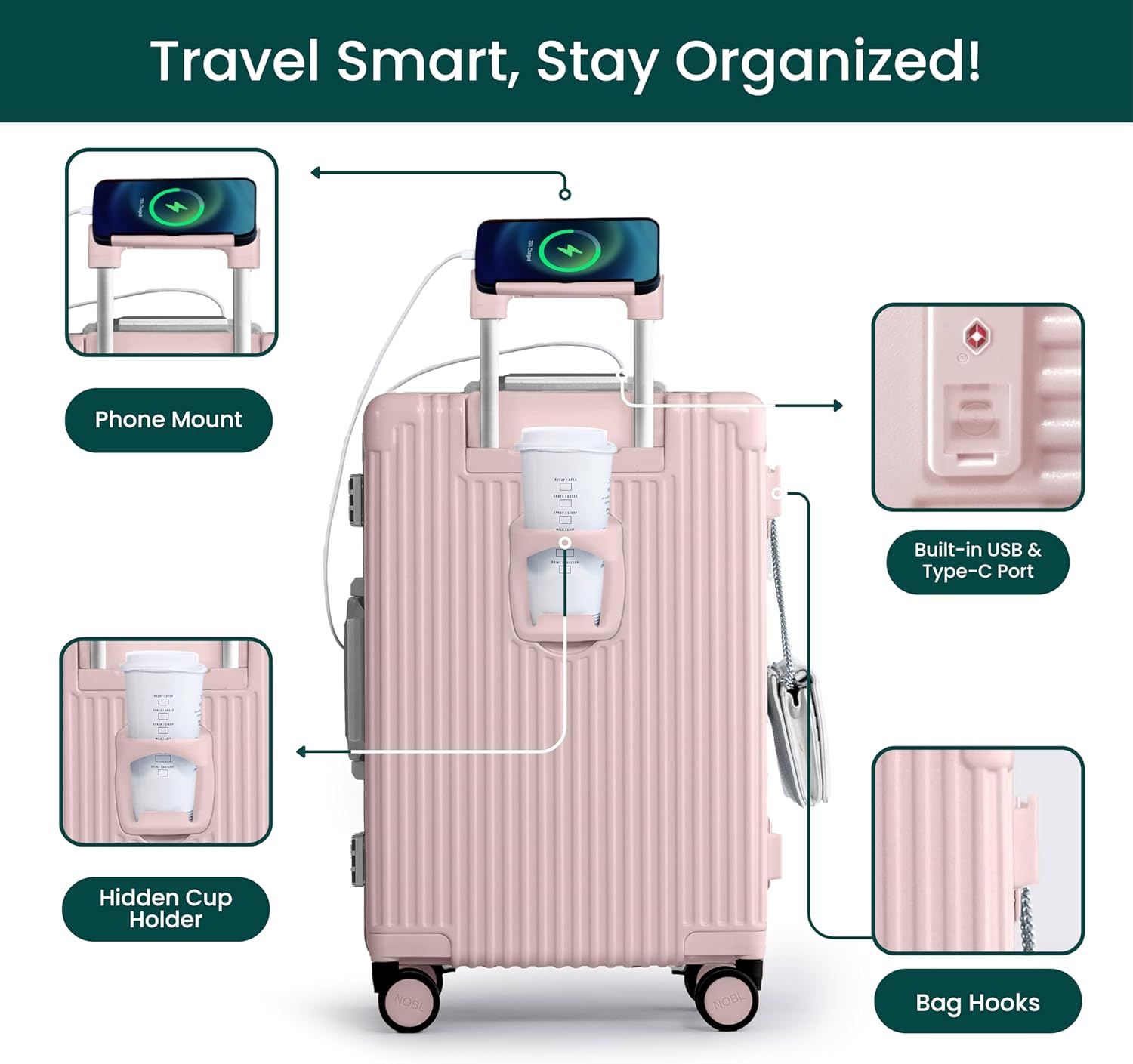 🔥【Buy 1 Get 1 Free】Nobl Travel Carry On Luggage, Noble Zipperless Aluminum Frame PC Hard Shell Suitcase, 22.5x15x9.5 Airline Approved, 360° Spinner Wheels, TSA Locks, USB Charging Port, Cup & Phone Holder - Pink
