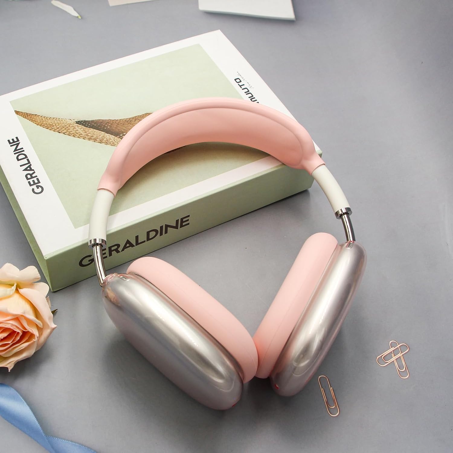 3 in 1 Silicone Case Cover Compatible with Apple Airpods Max Headphones, Clear Soft TPU Ear Cups Cover/Silicone Ear Pad Case Cover/Headband Cover Compatible with Apple Airpods Max (Clear Pink)