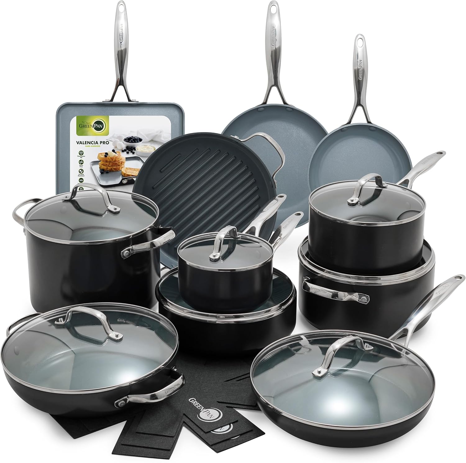 ⏰ As low as GH₵ 199🎉GreenPan 22 Piece Valencia Pro Ceramic Nonstick Cookware Set, PFAS-Free, Induction Ready, Hard Anodized Pots & Pans with Lids, Compatible on All Cooktops, Dishwasher & Oven Safe
