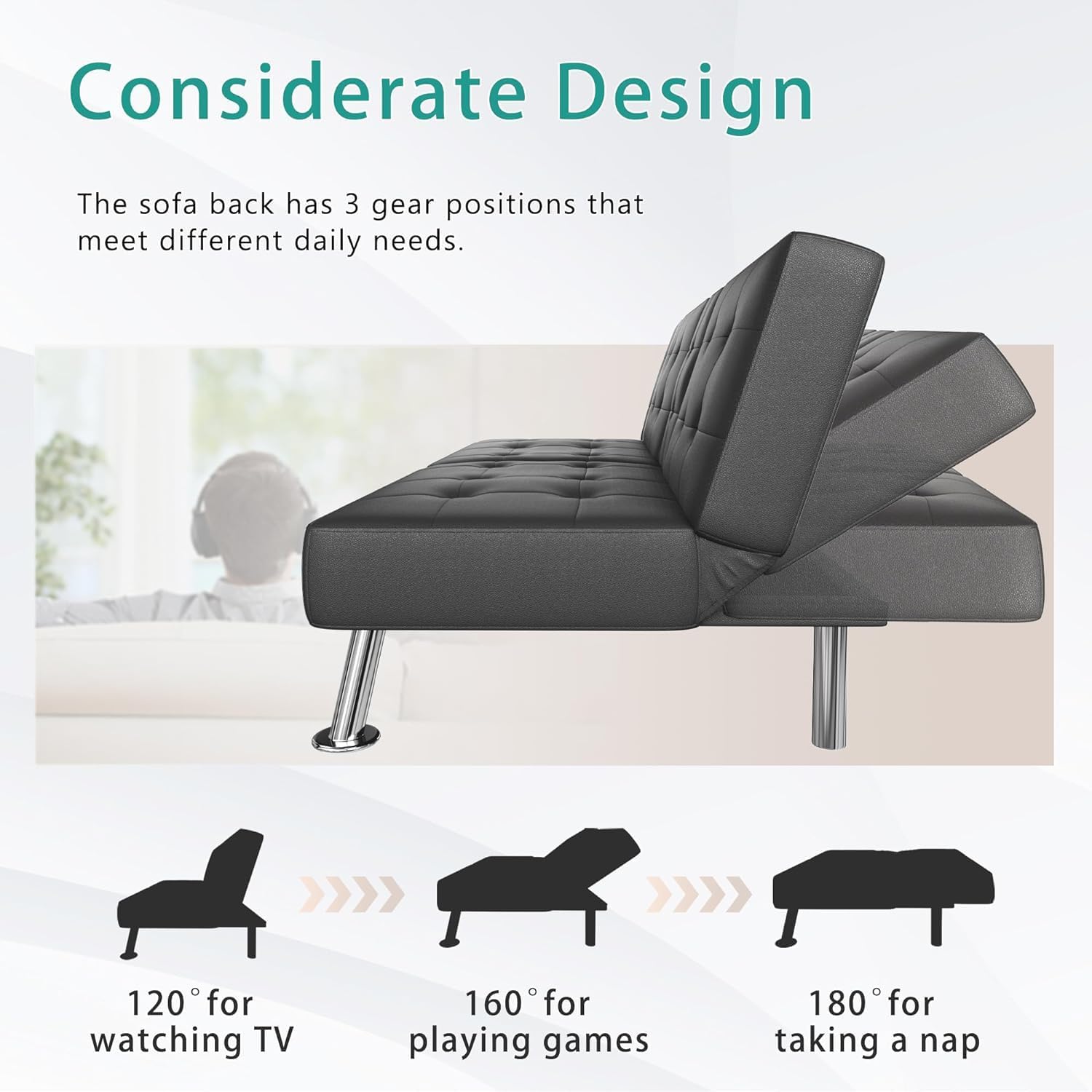 🎉Price Reduction Notice🎉Futon Sofa Bed, Modern Faux Leather Home Reversible Loveseat, Convertible Folding Futon Sofa Bed with 2 Cupholders, Folding Couches Bed, Removable Armrests for Small Spaces