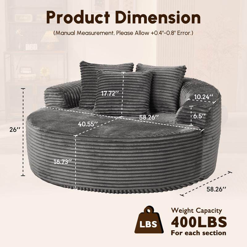 ✨【Autumn Special】 59" Wide Extra Large Round Sofa Bed - Fluffy Bean Bag, Modern Deep Seating Sofa, Comfortable Relaxation, Plush Corduroy Fabric, Includes 3 Pillows, No Assembly Required