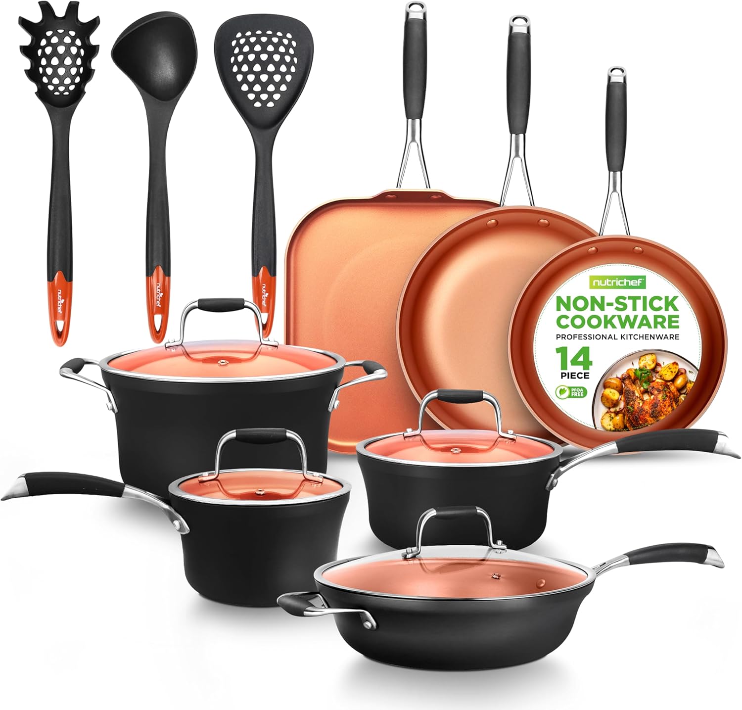 🔥🔥NutriChef 75-Piece Non-Stick Pots and Pans Set, Complete Ceramic Cookware Set with Bakeware, Utensils, Knife Set, & Accessories, Stain-Resistant, Food-Grade Safe, Cream/Brown