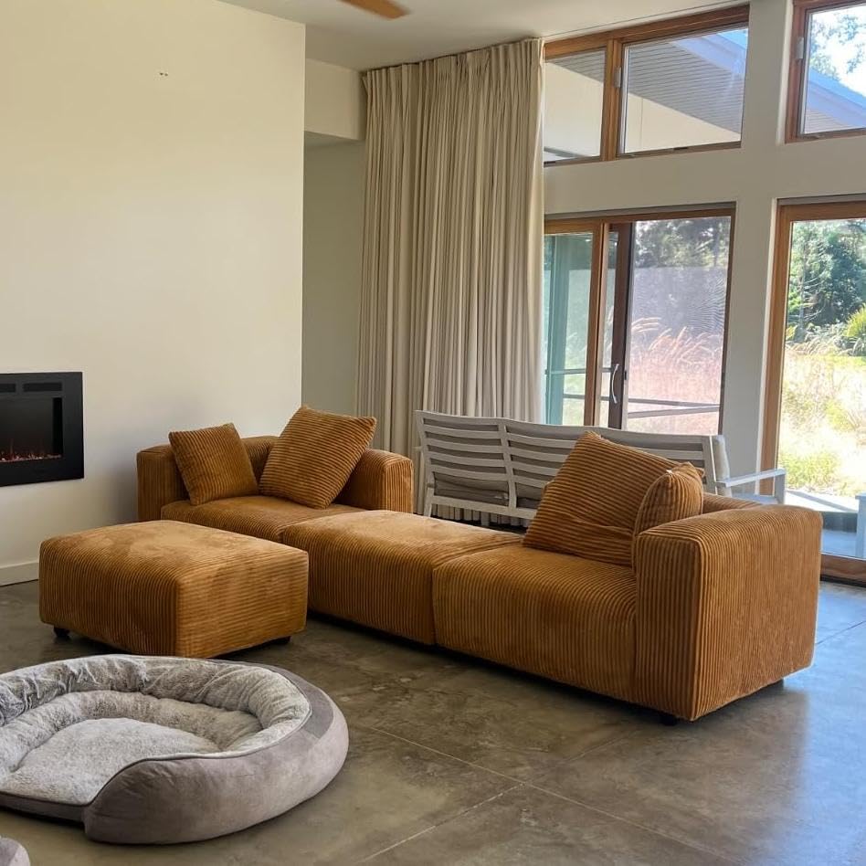 🔥 Acanva Convertible Modular Sectional Sofa with Movable Ottomans, Free Combination Corduroy Couch for Living Room Apartments, L-Shaped, White