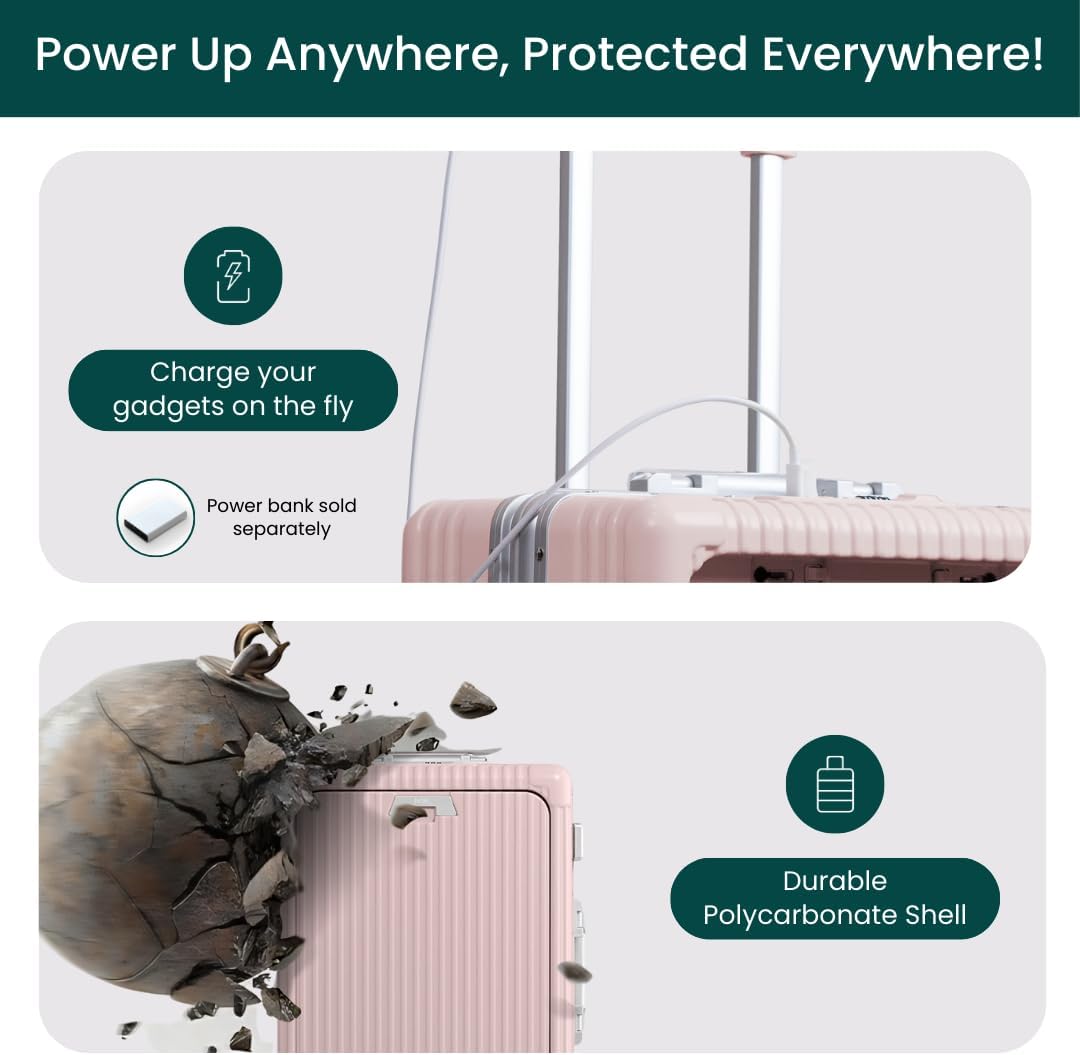 🔥【Buy 1 Get 1 Free】Nobl Travel Carry On Luggage, Noble Zipperless Aluminum Frame PC Hard Shell Suitcase, 22.5x15x9.5 Airline Approved, 360° Spinner Wheels, TSA Locks, USB Charging Port, Cup & Phone Holder - Pink