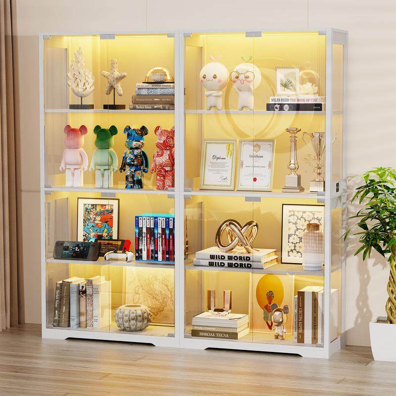 🎉Last day factory direct sales🔥Display Cabinet with Glass Doors, Storage Cabinet with 3 Color Light, 4-Tier Curio Cabinet Bookcase for Collectibles, Toys, Books, for Playroom, Bedroom, Study Room