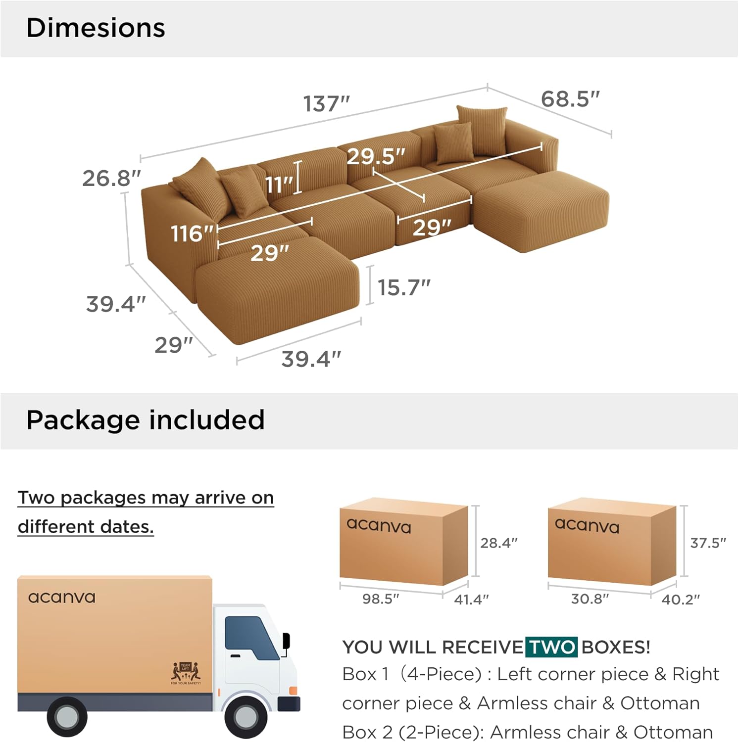 🔥 Acanva Convertible Modular Sectional Sofa with Movable Ottomans, Free Combination Corduroy Couch for Living Room Apartments, L-Shaped, White