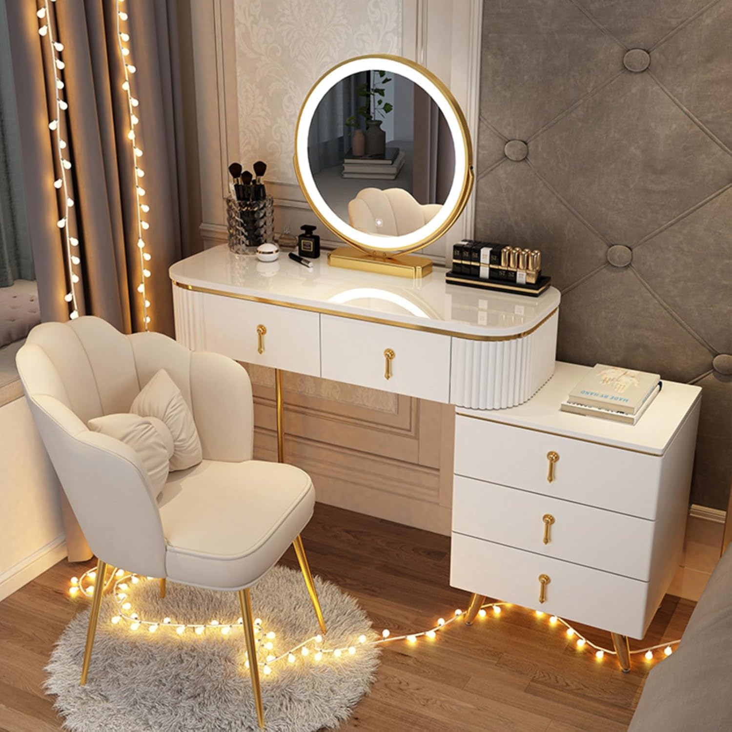 🔥🔥🔥(Buy 1 Get 1 Free)DEVLOIVI Makeup Vanity Desk, Modern Vanity Set with LED Smart Mirror and Makeup Chair, Luxury Dressing Table Include Smooth Slate Countertop and Side Cabinet with Drawers