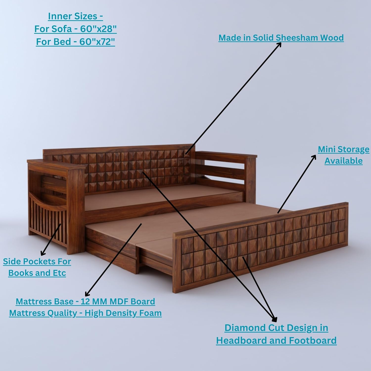 Ganpati Arts Sheesham Wood Diamond 3 Seater Sofa Cum Bed With Floral Fabric&Side Pocket For Bedroom Wooden Bedroom Furniture For Home Living Room(Natural Finish)1 Year Warranty,Brown