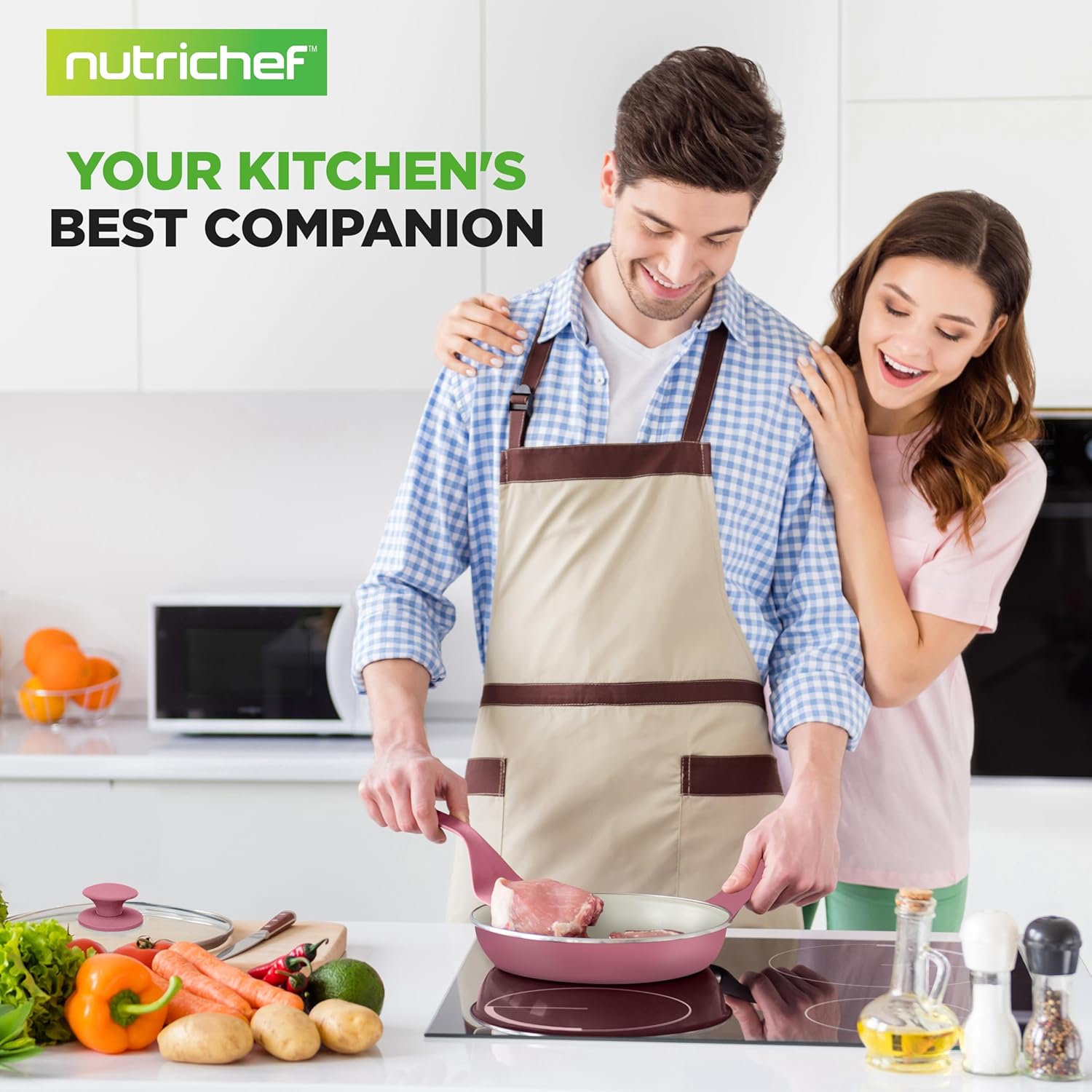 🔥🔥NutriChef 75-Piece Non-Stick Pots and Pans Set, Complete Ceramic Cookware Set with Bakeware, Utensils, Knife Set, & Accessories, Stain-Resistant, Food-Grade Safe, Cream/Brown