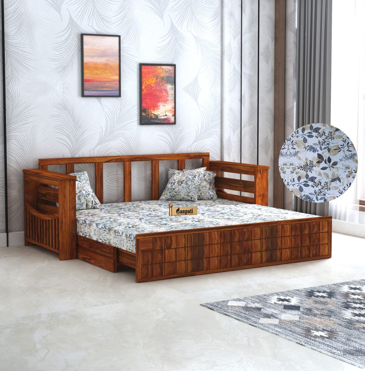 Ganpati Arts Sheesham Wood Diamond 3 Seater Sofa Cum Bed With Floral Fabric&Side Pocket For Bedroom Wooden Bedroom Furniture For Home Living Room(Natural Finish)1 Year Warranty,Brown