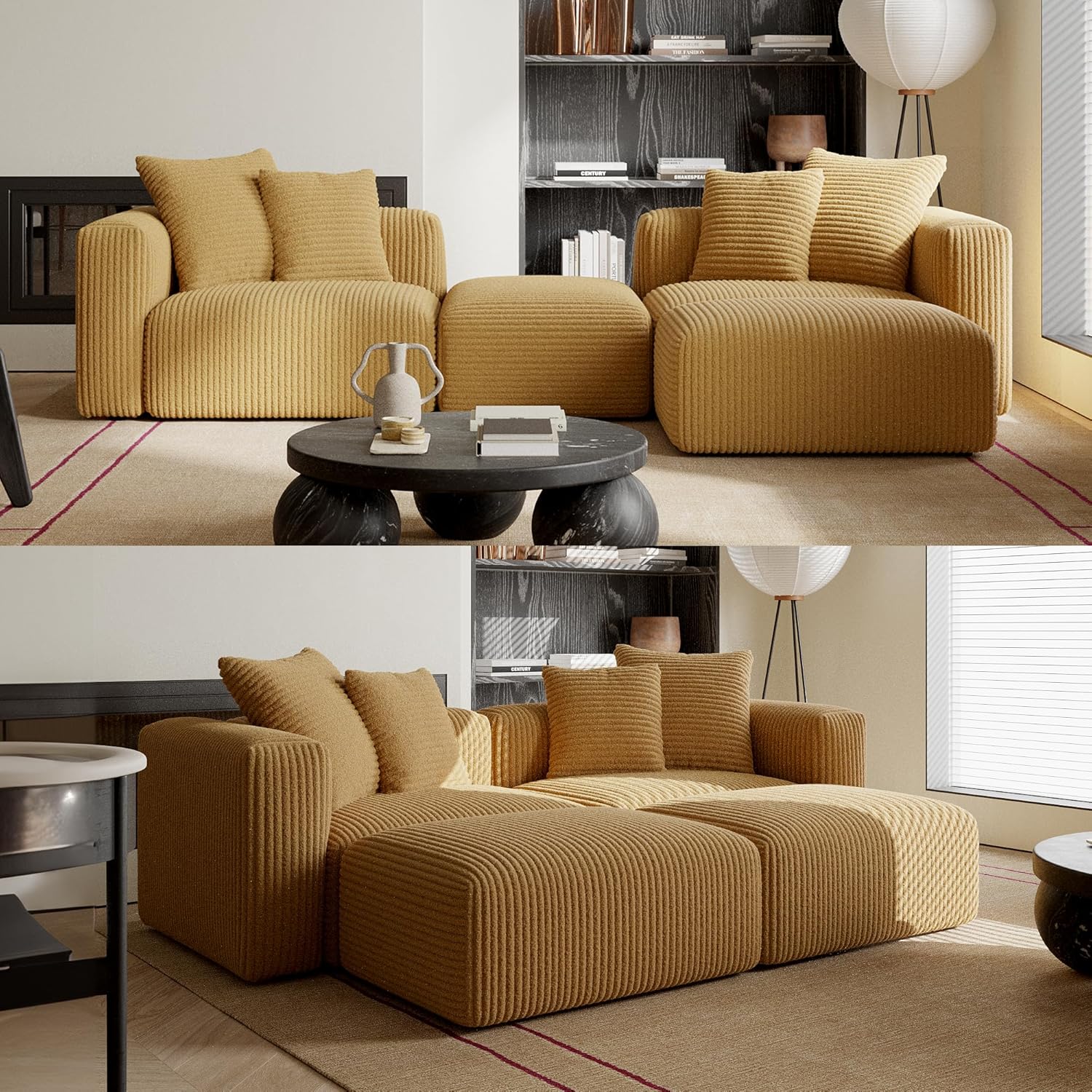 🔥 Acanva Convertible Modular Sectional Sofa with Movable Ottomans, Free Combination Corduroy Couch for Living Room Apartments, L-Shaped, White