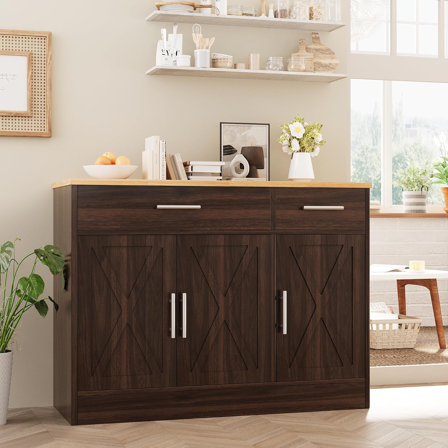 Vongrasig Armario grande de 53 pies con 4 puertas y 3 cajones, mesa de buffet de granja, gabinete de almacenamiento de cocina, mesa de buffet de madera para cocina, comedor