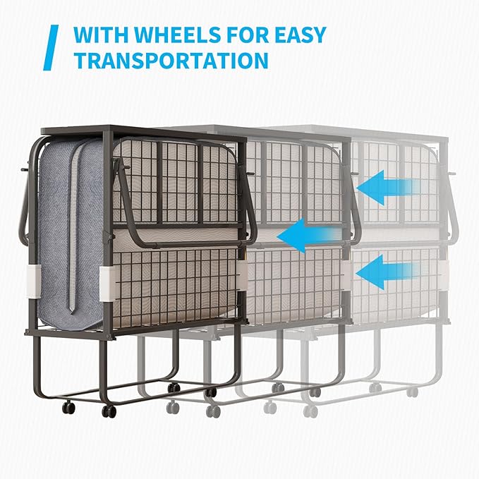 【Buy 1 Get 1 Free】Mjkone Folding Bed with Mattress for Adults, Rollaway Bed for Adults with Headborad & Dustproof Bag, 5 Inch Portable Fold Up Beds for Guests with Casters, Foldable Frame, Space Saving