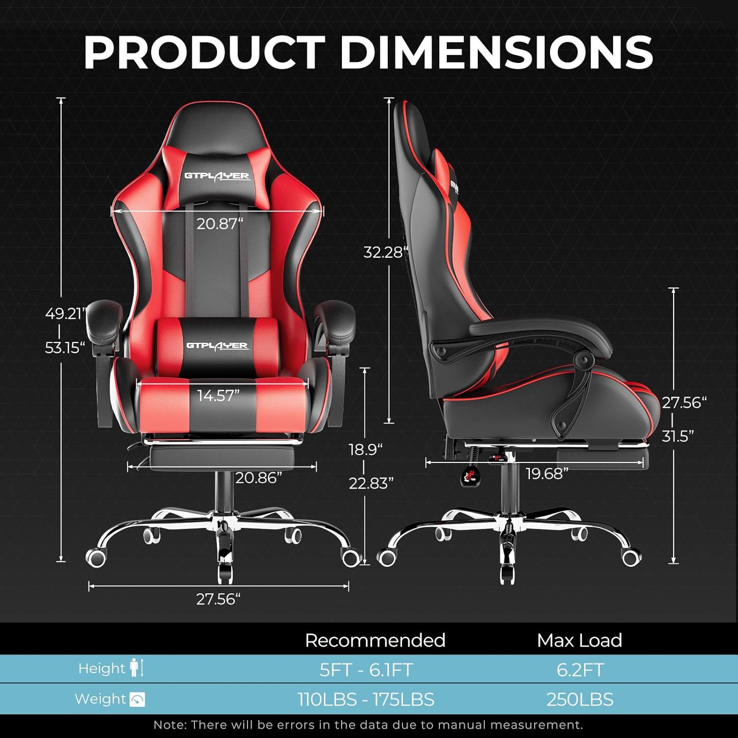 🌟【Buy 1 Get 1 Free】GTPLAYER Gaming Chair, Computer Chair with Footrest and Lumbar Support, Height Adjustable Game Chair with 360°-Swivel Seat and Headrest and for Office or Gaming