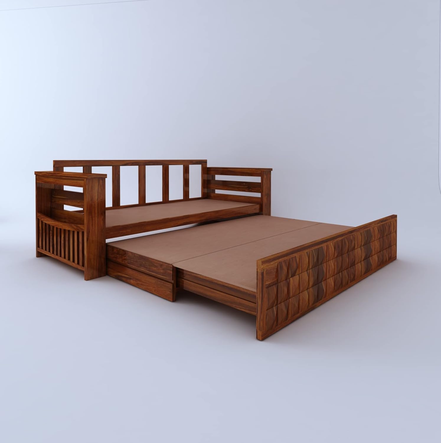 Ganpati Arts Sheesham Wood Diamond 3 Seater Sofa Cum Bed With Floral Fabric&Side Pocket For Bedroom Wooden Bedroom Furniture For Home Living Room(Natural Finish)1 Year Warranty,Brown