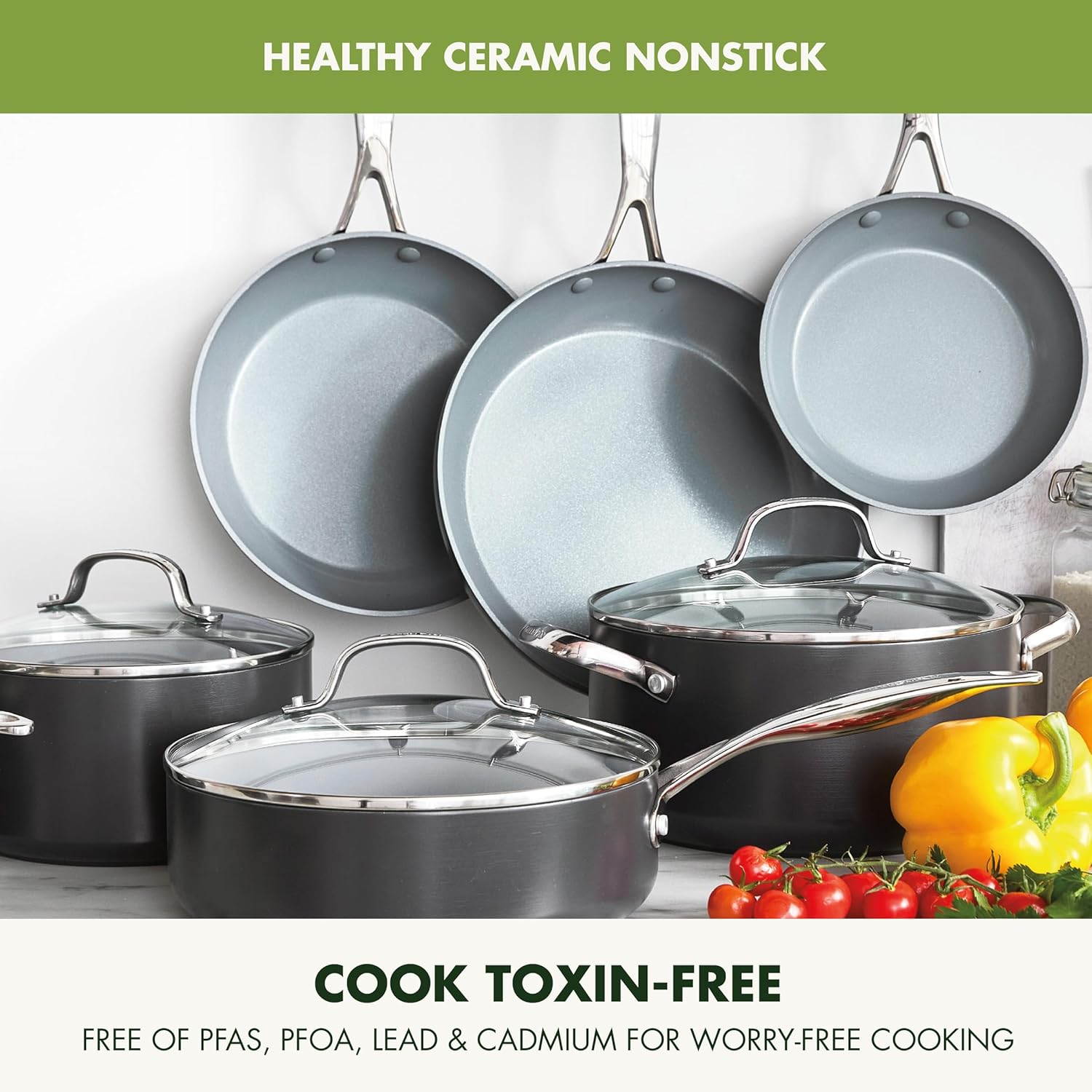 ⏰ As low as GH₵ 199🎉GreenPan 22 Piece Valencia Pro Ceramic Nonstick Cookware Set, PFAS-Free, Induction Ready, Hard Anodized Pots & Pans with Lids, Compatible on All Cooktops, Dishwasher & Oven Safe