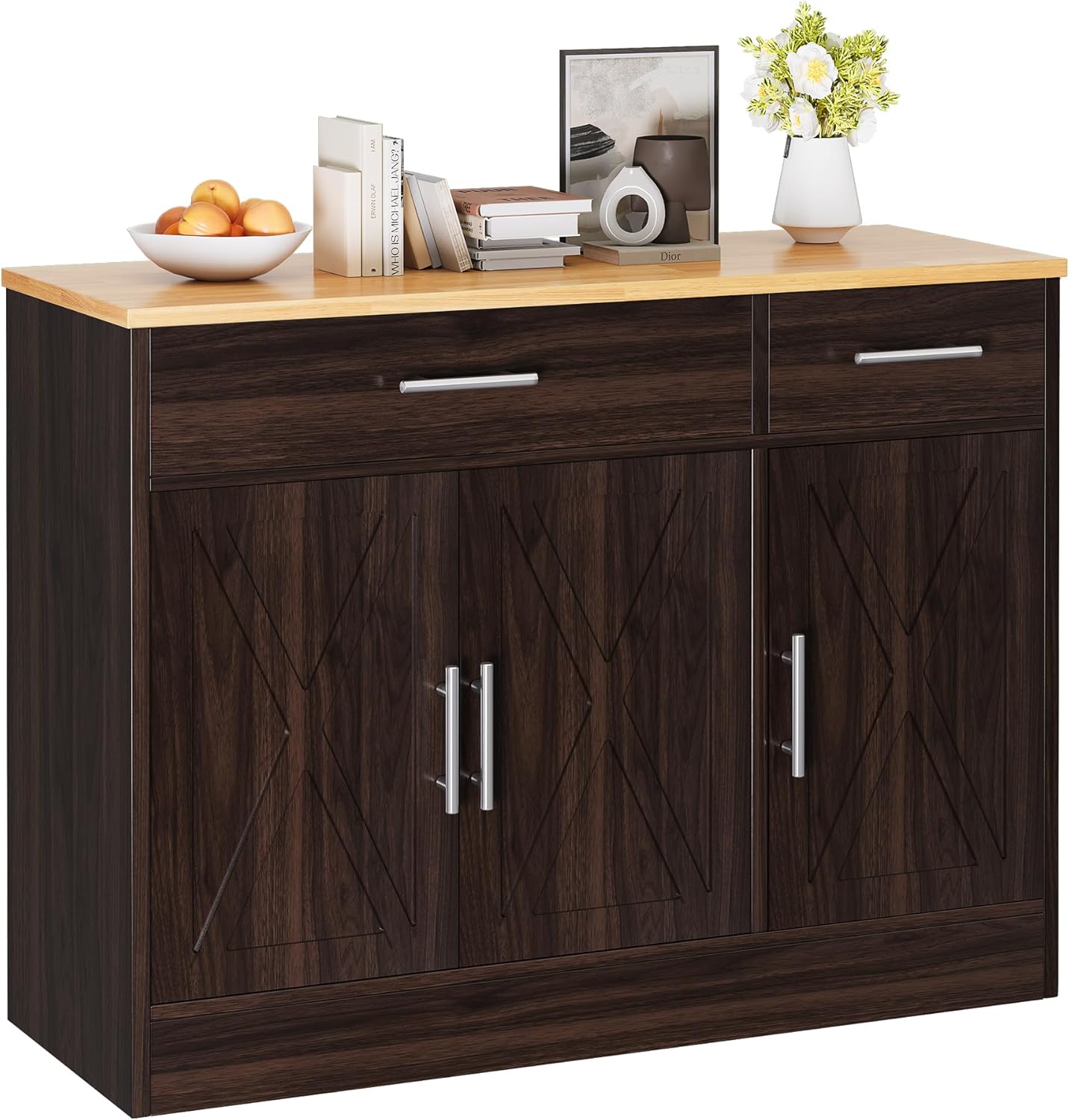 Vongrasig Armario grande de 53 pies con 4 puertas y 3 cajones, mesa de buffet de granja, gabinete de almacenamiento de cocina, mesa de buffet de madera para cocina, comedor