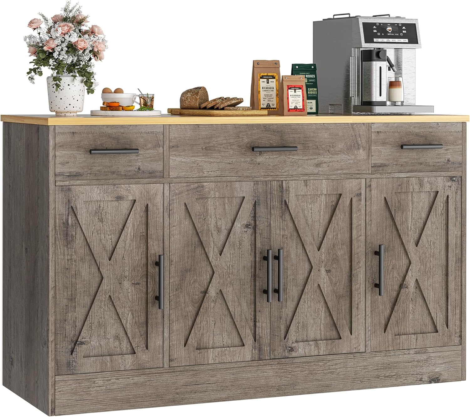 Vongrasig Armario grande de 53 pies con 4 puertas y 3 cajones, mesa de buffet de granja, gabinete de almacenamiento de cocina, mesa de buffet de madera para cocina, comedor
