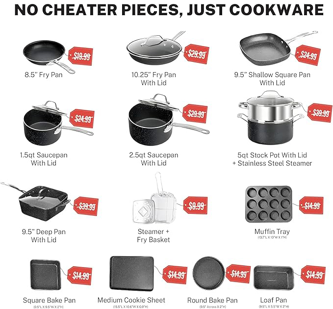 ❤️‍🔥GRANITESTONE 20 Pc Kitchen Pots and Pans Set Non Stick Cookware Set, Kitchen Cookware Sets with Deep Frying Pan Set and Bakeware Set, Non Toxic PFOA PFOS Free, Oven and Dishwasher Safe