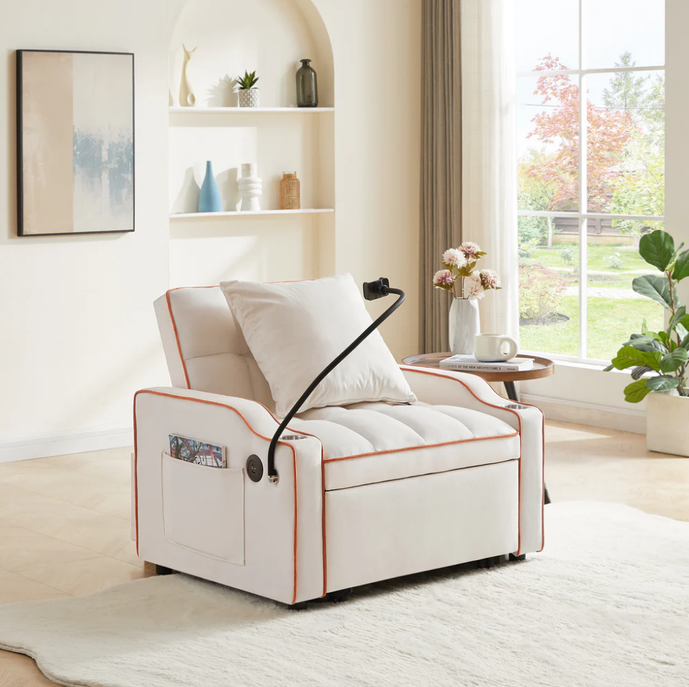 🔥Muumblus 4-in-1 Convertible Sleeper Sofa Chair Bed with USB Port, Cup Holders