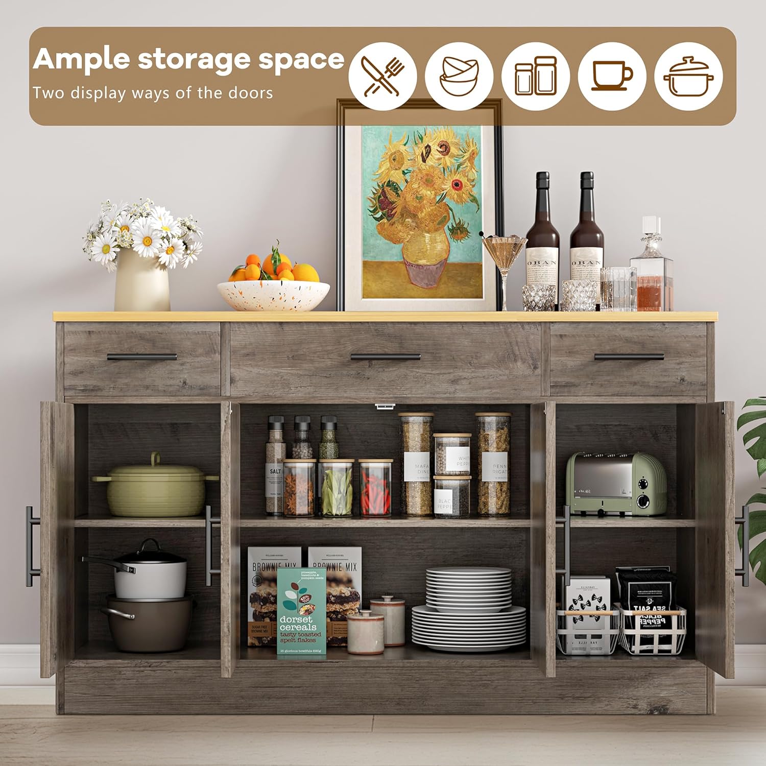 Vongrasig Armario grande de 53 pies con 4 puertas y 3 cajones, mesa de buffet de granja, gabinete de almacenamiento de cocina, mesa de buffet de madera para cocina, comedor