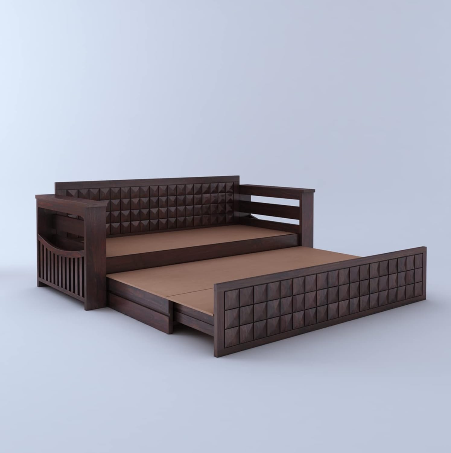 Ganpati Arts Sheesham Wood Diamond 3 Seater Sofa Cum Bed With Floral Fabric&Side Pocket For Bedroom Wooden Bedroom Furniture For Home Living Room(Natural Finish)1 Year Warranty,Brown