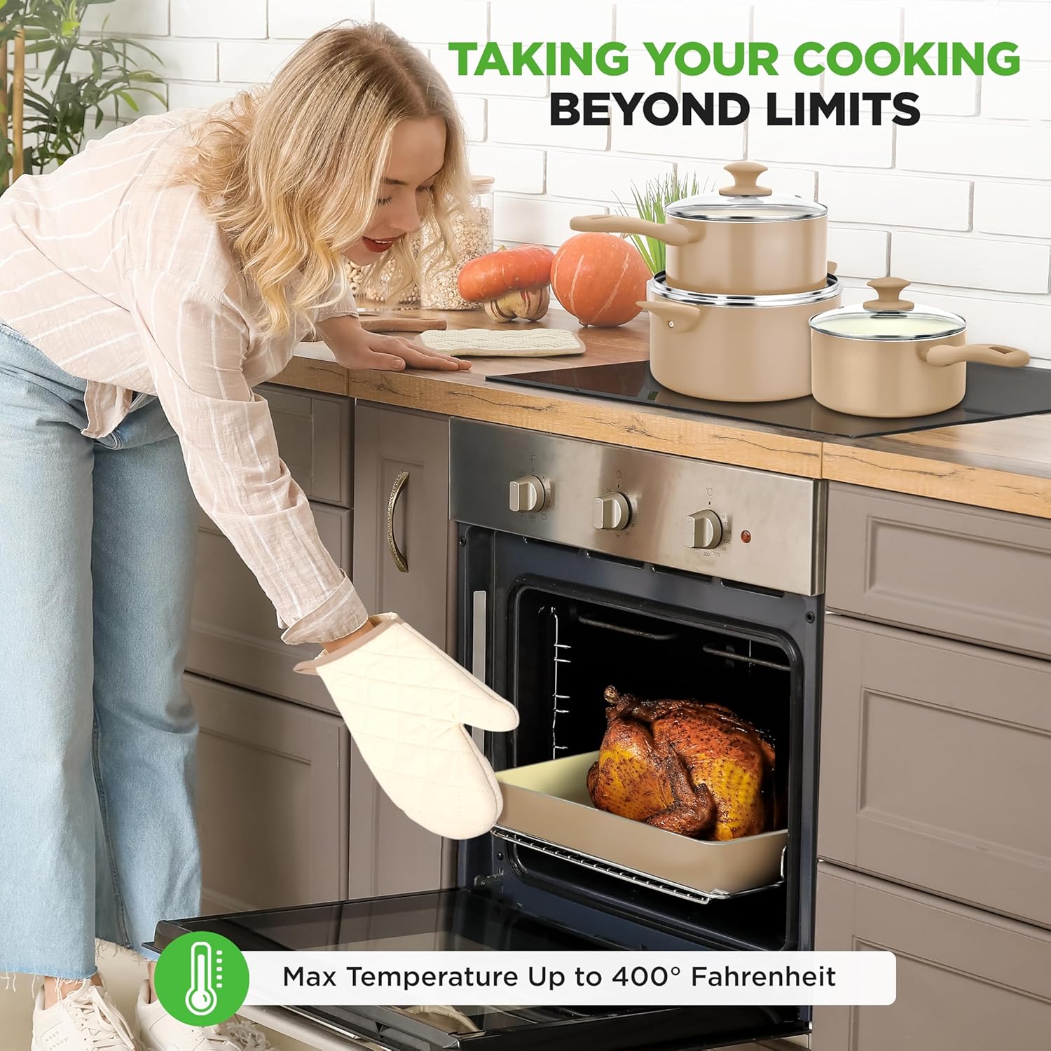 🔥🔥NutriChef 75-Piece Non-Stick Pots and Pans Set, Complete Ceramic Cookware Set with Bakeware, Utensils, Knife Set, & Accessories, Stain-Resistant, Food-Grade Safe, Cream/Brown