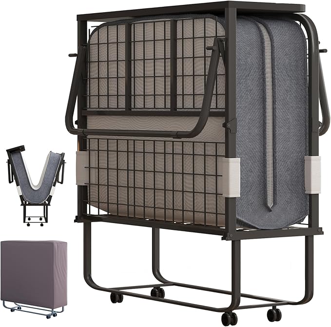 【Buy 1 Get 1 Free】Mjkone Folding Bed with Mattress for Adults, Rollaway Bed for Adults with Headborad & Dustproof Bag, 5 Inch Portable Fold Up Beds for Guests with Casters, Foldable Frame, Space Saving