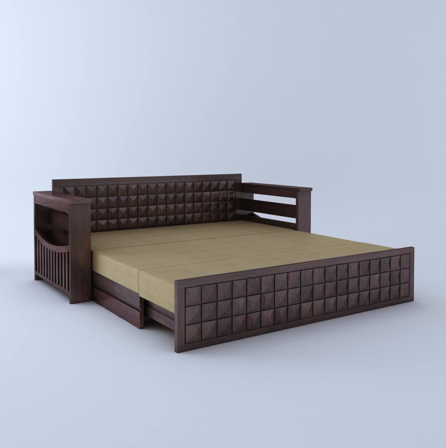 Ganpati Arts Sheesham Wood Diamond 3 Seater Sofa Cum Bed With Floral Fabric&Side Pocket For Bedroom Wooden Bedroom Furniture For Home Living Room(Natural Finish)1 Year Warranty,Brown