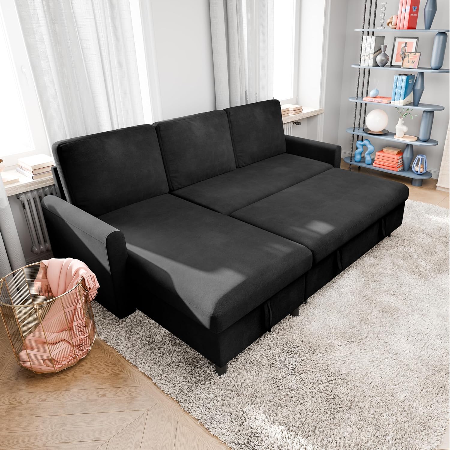 🎉Recommended Products🎉Vongrasig Sectional Sleeper Sofa, Pull Out Couch Bed with Storage, 2 in 1 L-Shaped Sofa Bed with Storage Chaise Linen Fabric for Living Room, Apartment, Small Space, Dark Grey