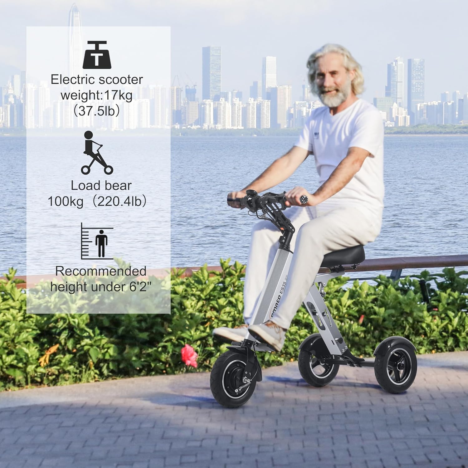 TopMate ES35 Powered Electric Scooter 3 Wheels Foldable Trike with Seat for Adults, Lightweight Electric Scooter with Removable 36V 7.8AH Battery, Reverse Function & Key Switch for Commute and Travel
