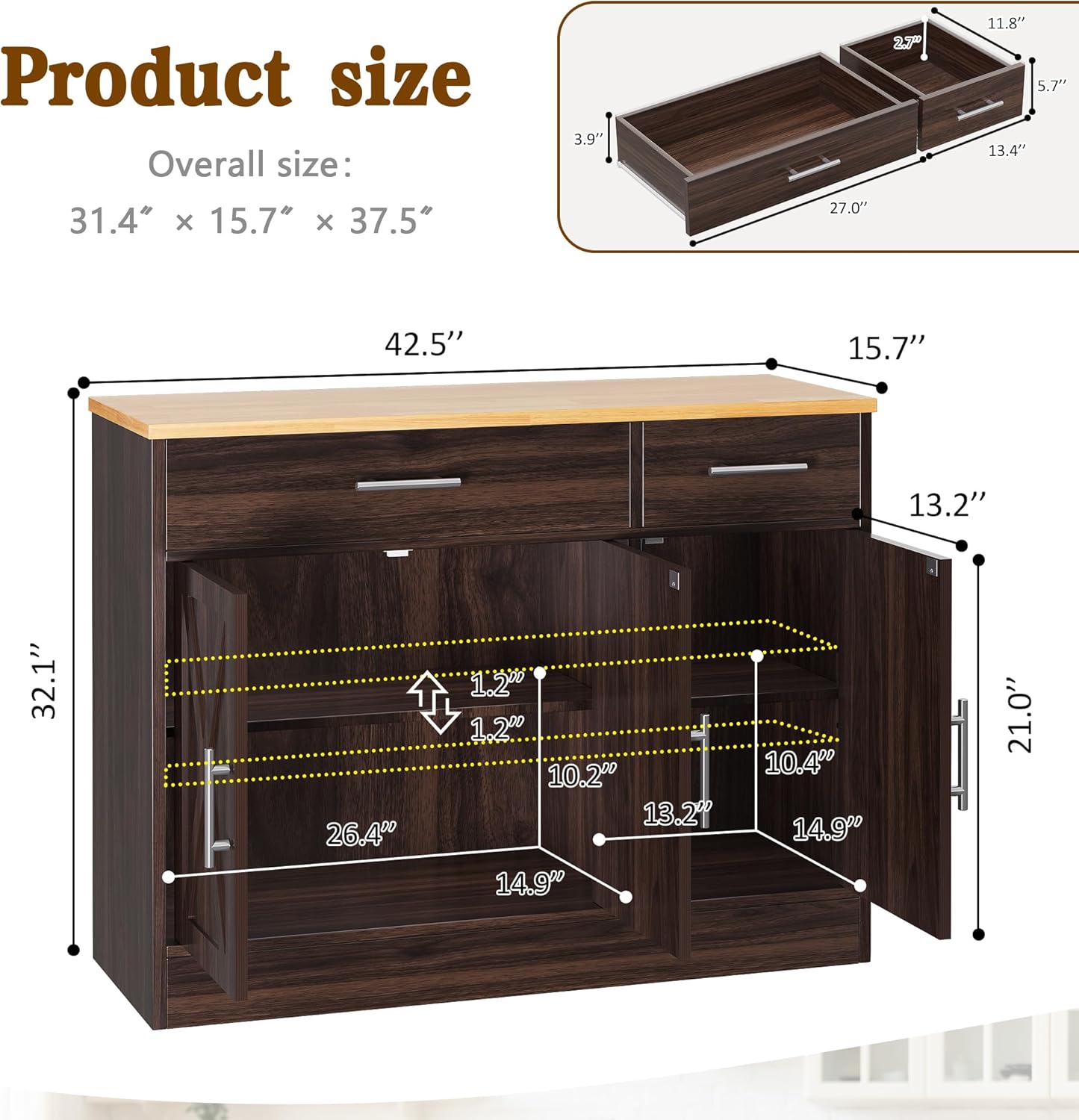 Vongrasig Armario grande de 53 pies con 4 puertas y 3 cajones, mesa de buffet de granja, gabinete de almacenamiento de cocina, mesa de buffet de madera para cocina, comedor
