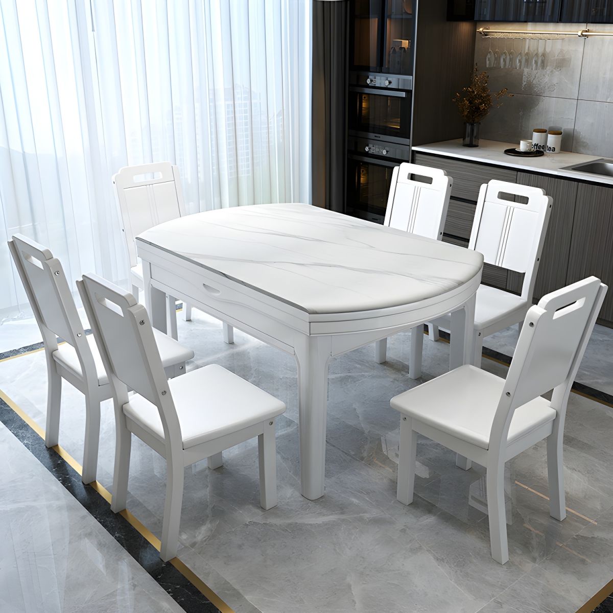 🔥【The last 8 sets】🔥(1 table and 6 chairs)👉Elegant Round White Marble Dining Table with Legs - Extendable and Scratch Resistant - Walnut 53.1_L x 33.5_W x 29.9_H
